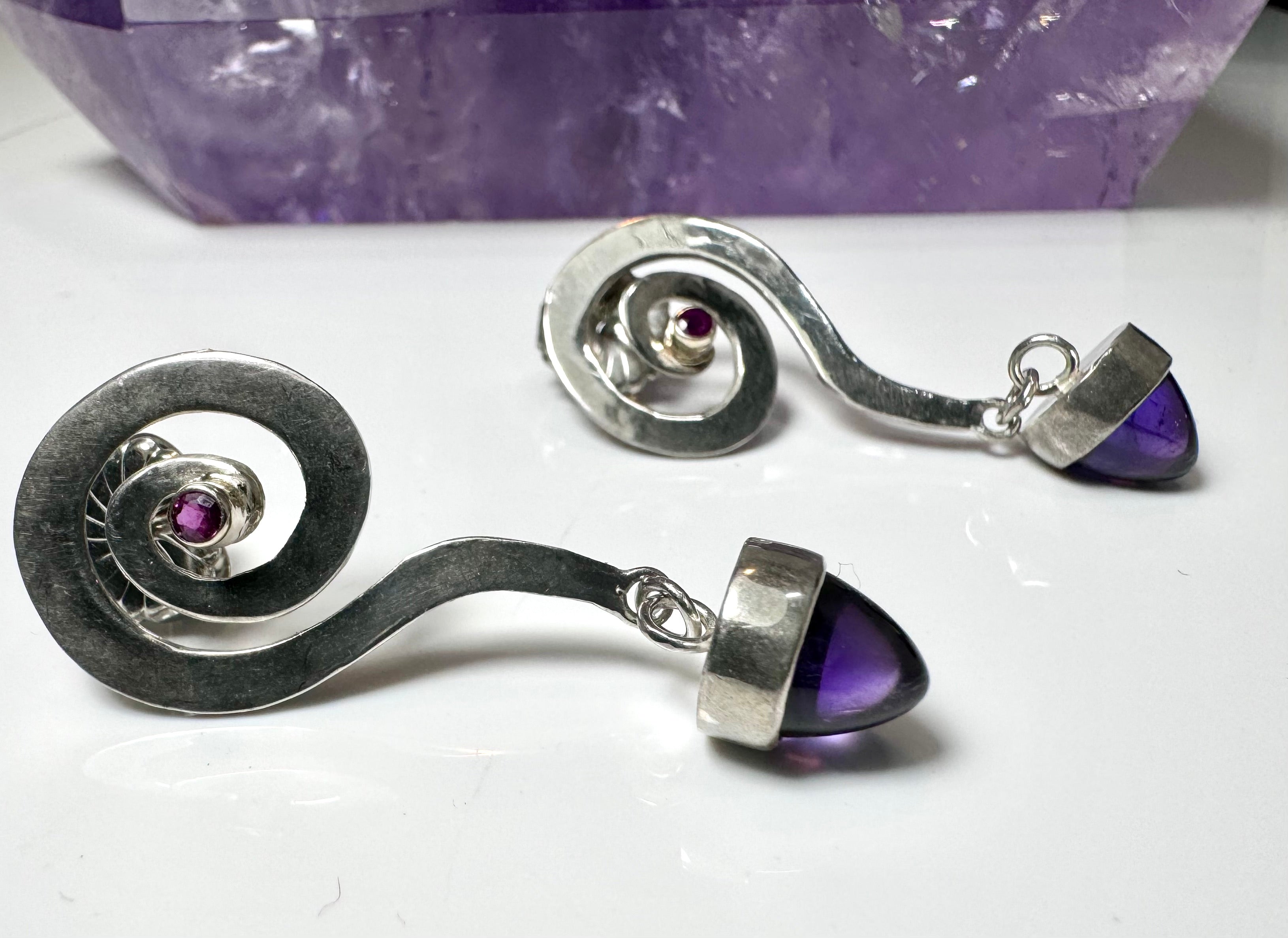 Amethyst and Ruby Coil Drop Earrings