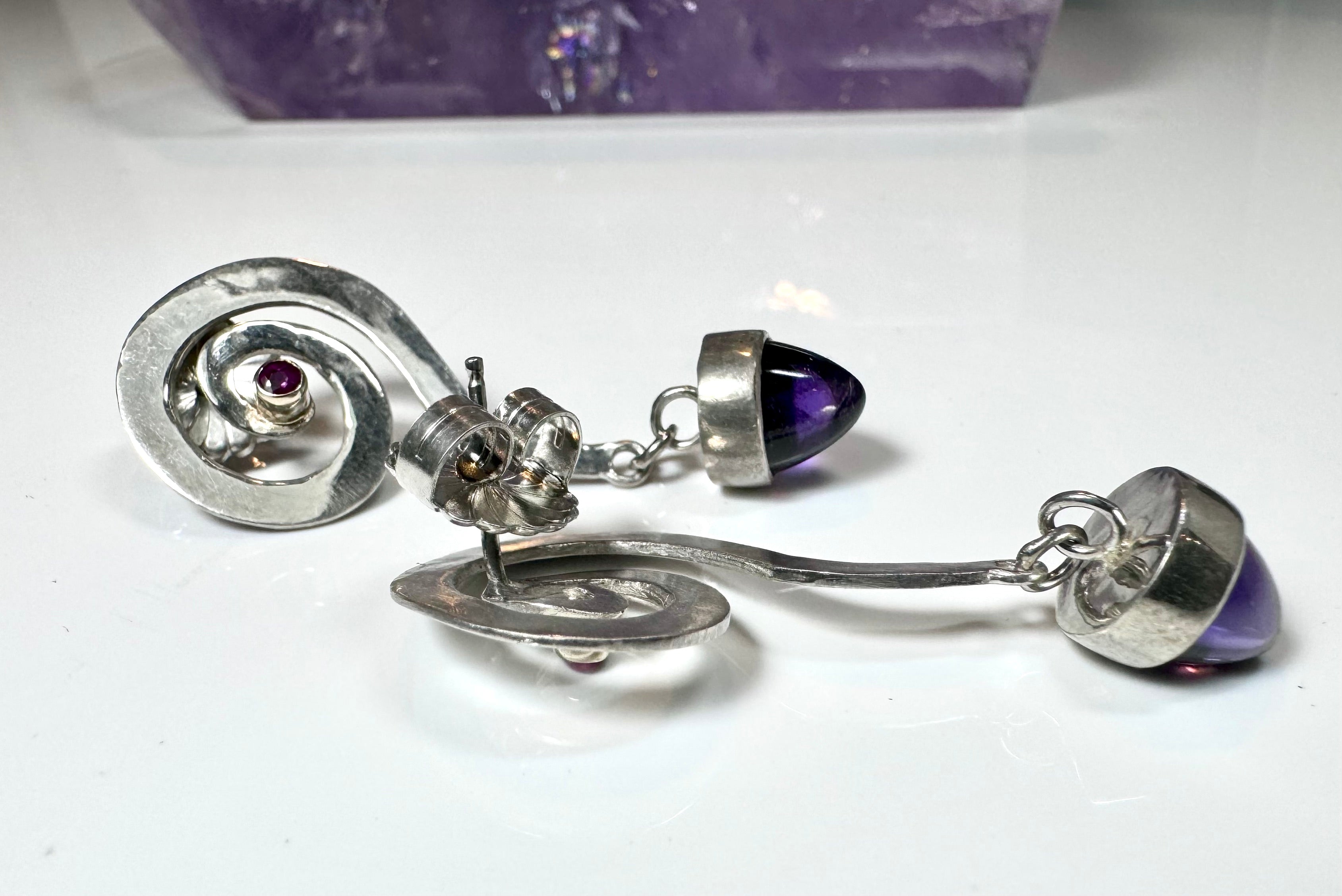 Amethyst and Ruby Coil Drop Earrings