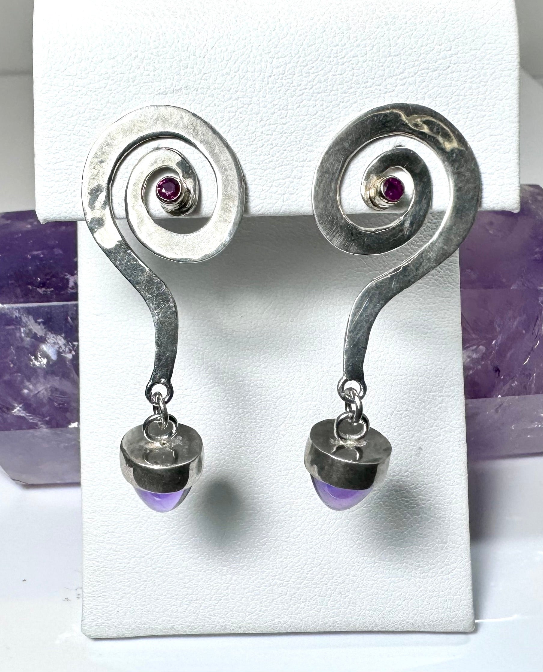 Amethyst and Ruby Coil Drop Earrings