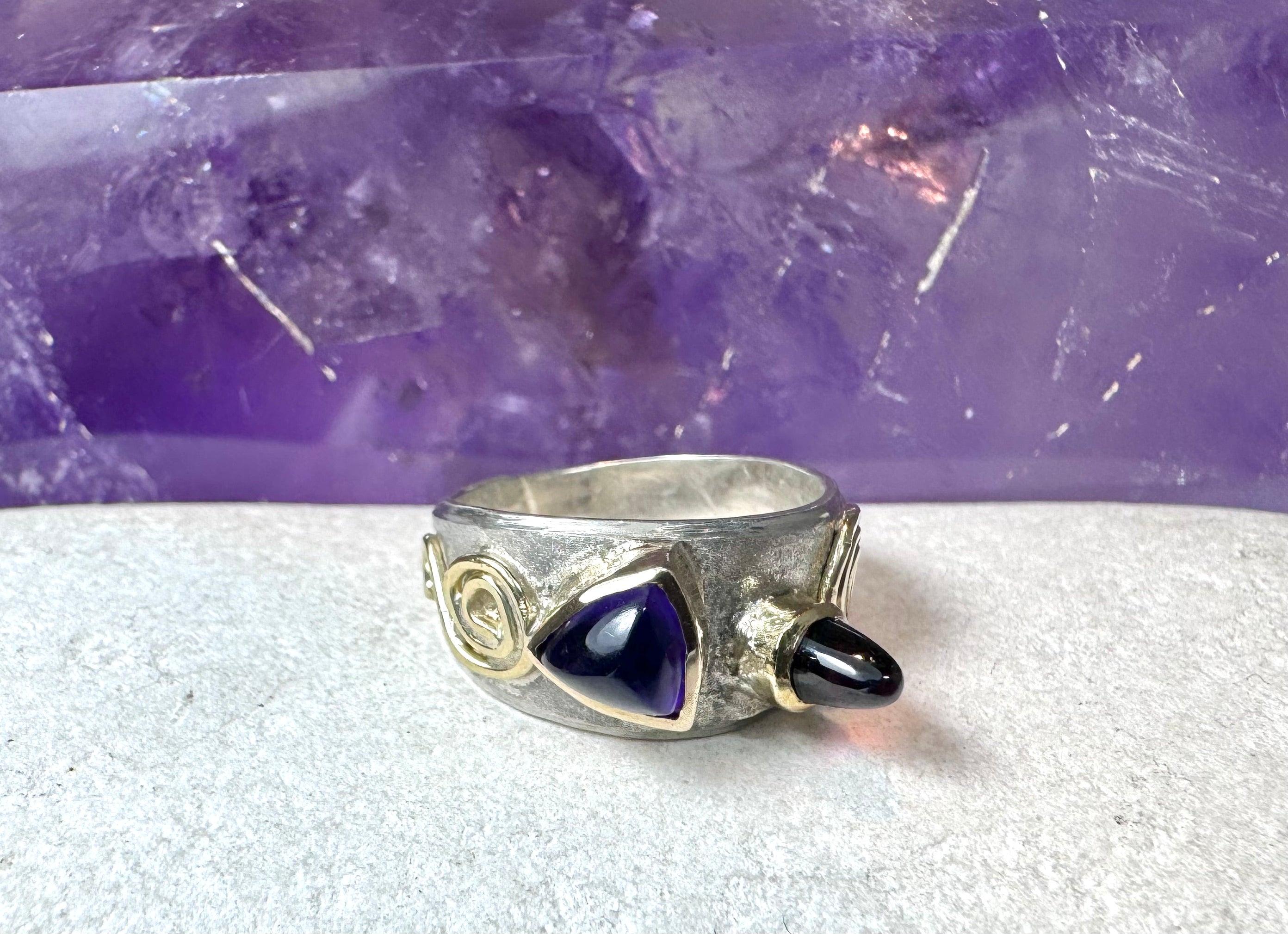 Amethyst and Garnet Swirl Two Tone Ring