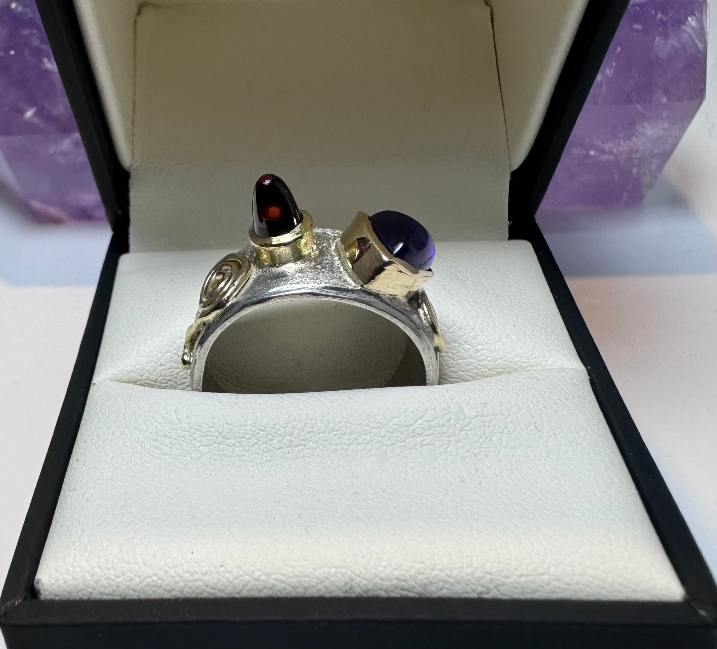 Amethyst and Garnet Swirl Two Tone Ring