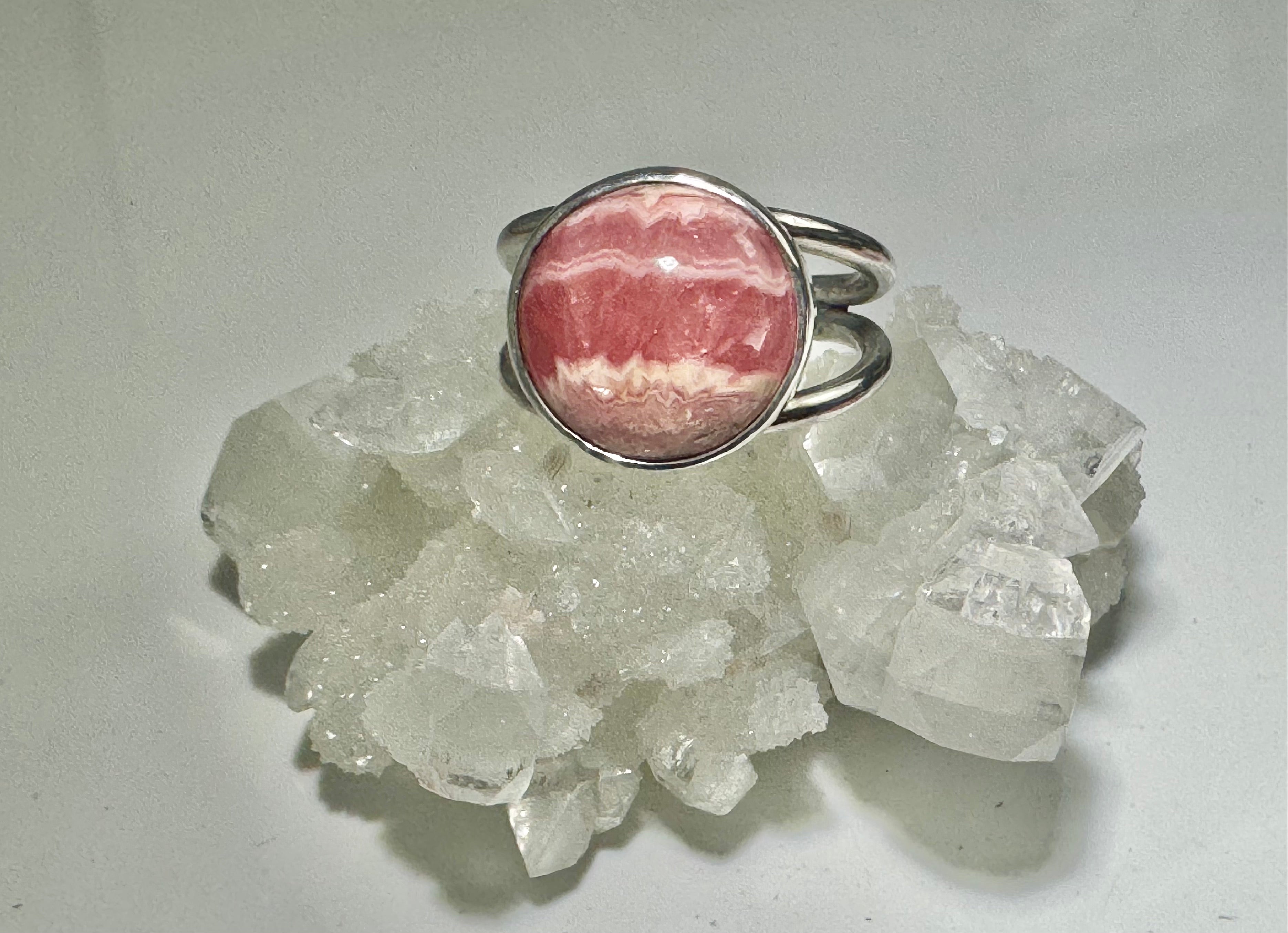 Rhodochrosite Round Split Shank Sterling Ring