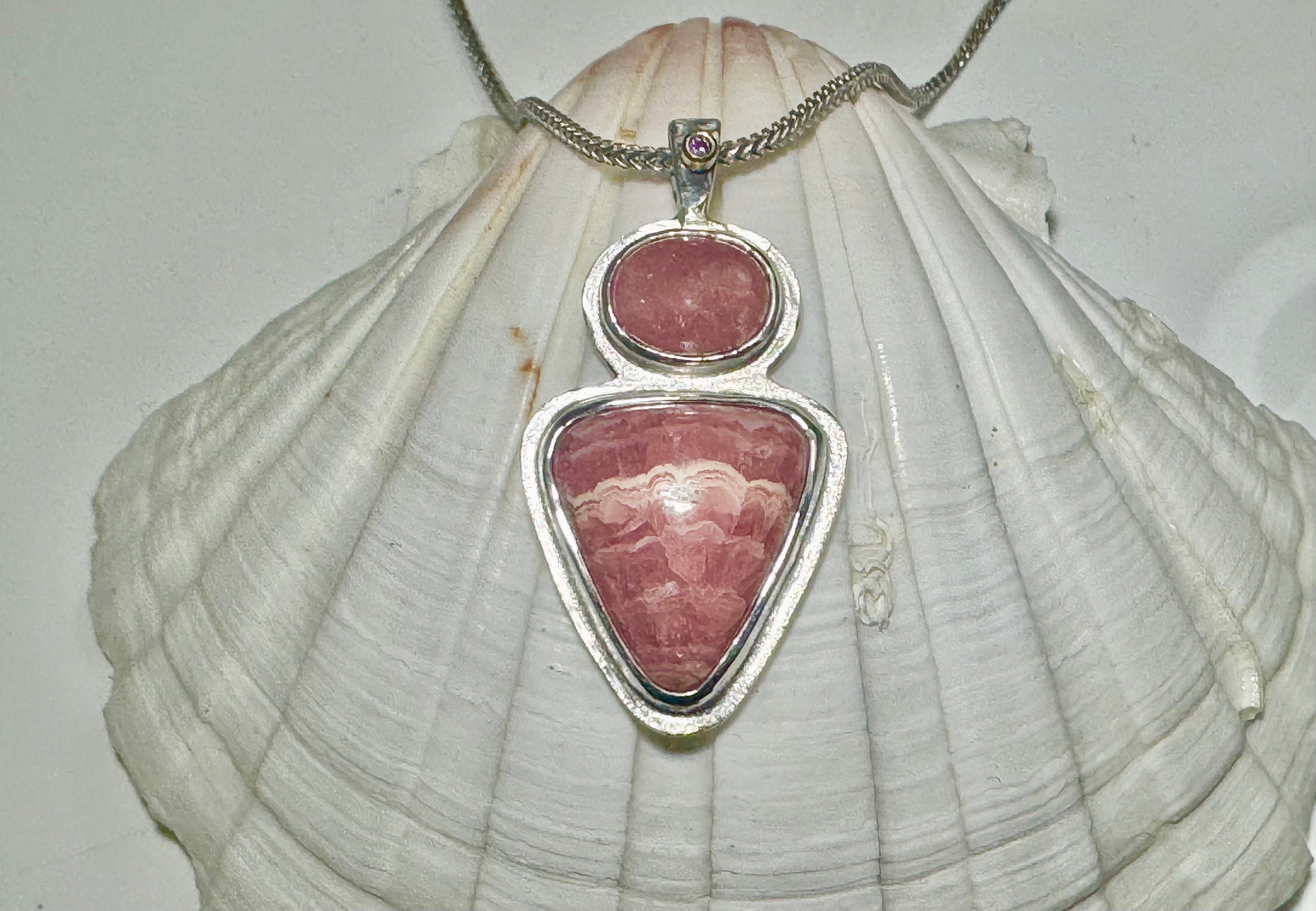 Rhodochrosite 2 Stone & Pink Diamond Sterling Pendant