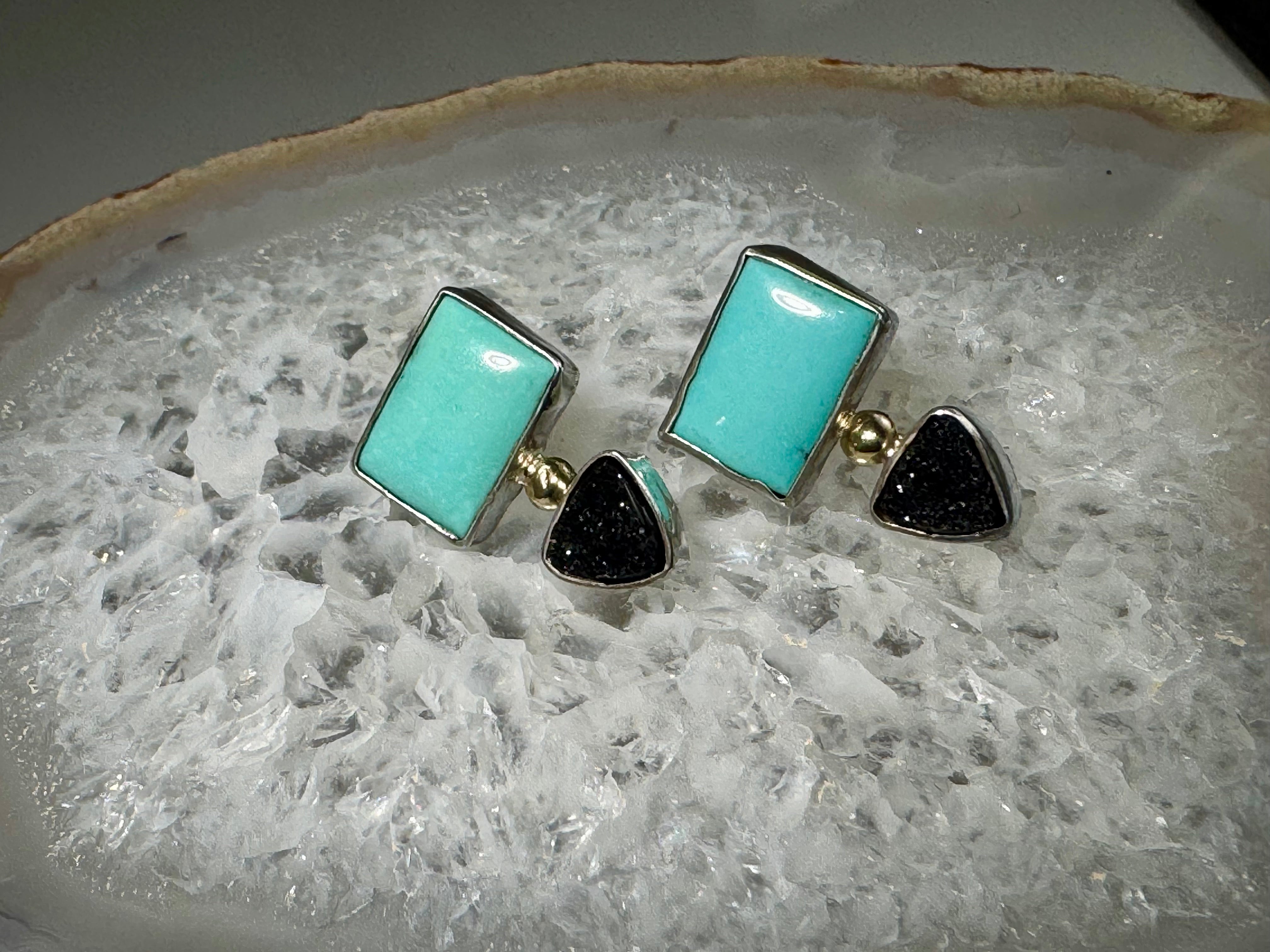 Turquoise & Black Druzy Sterling /22k Studs