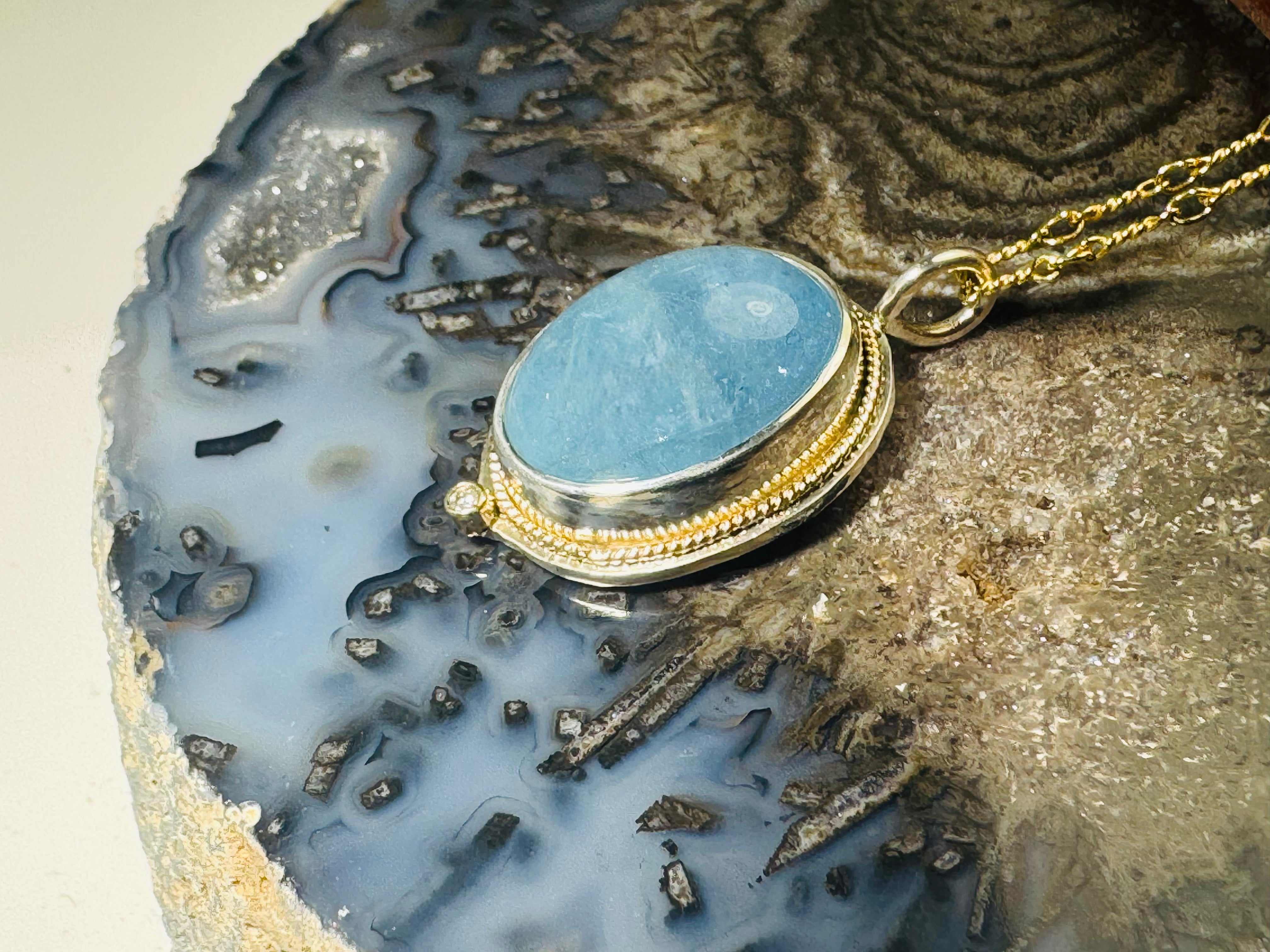 Aquamarine Diamond Sterling and 14k Pendant