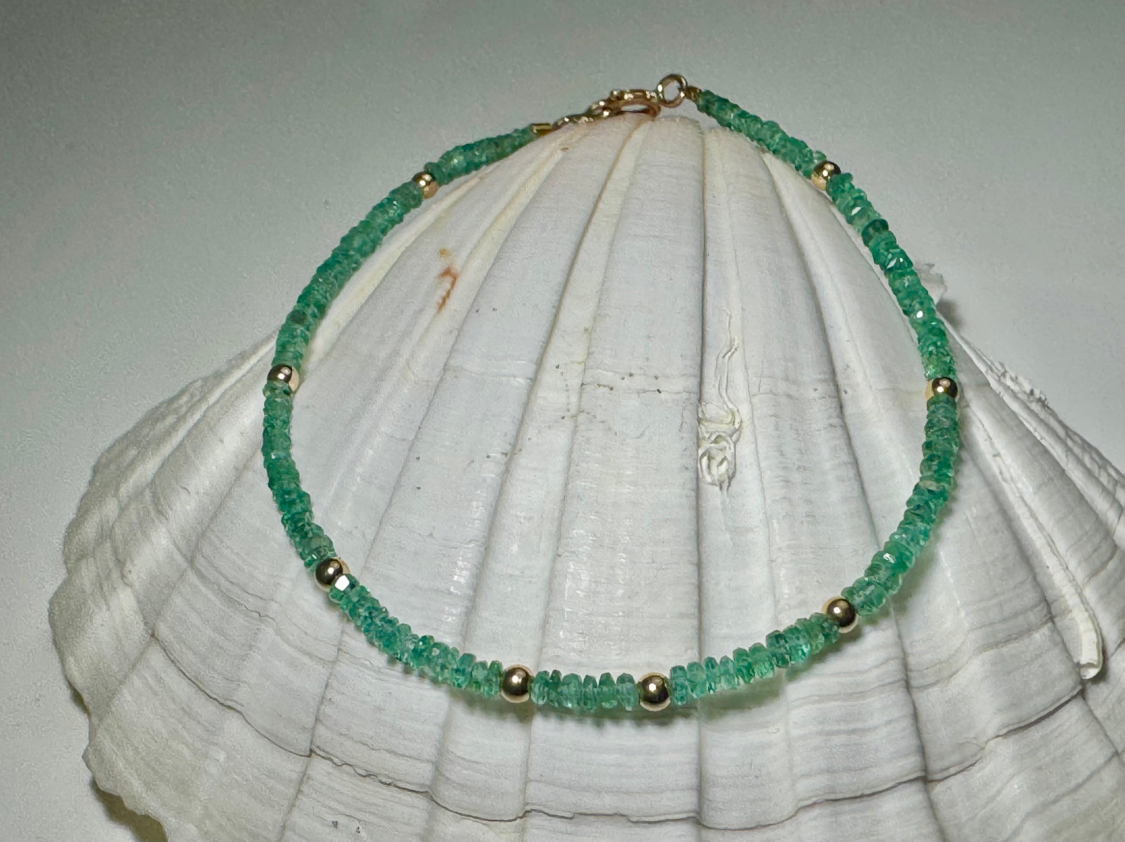 Emerald Faceted 2mm Bead 14k Bracelet