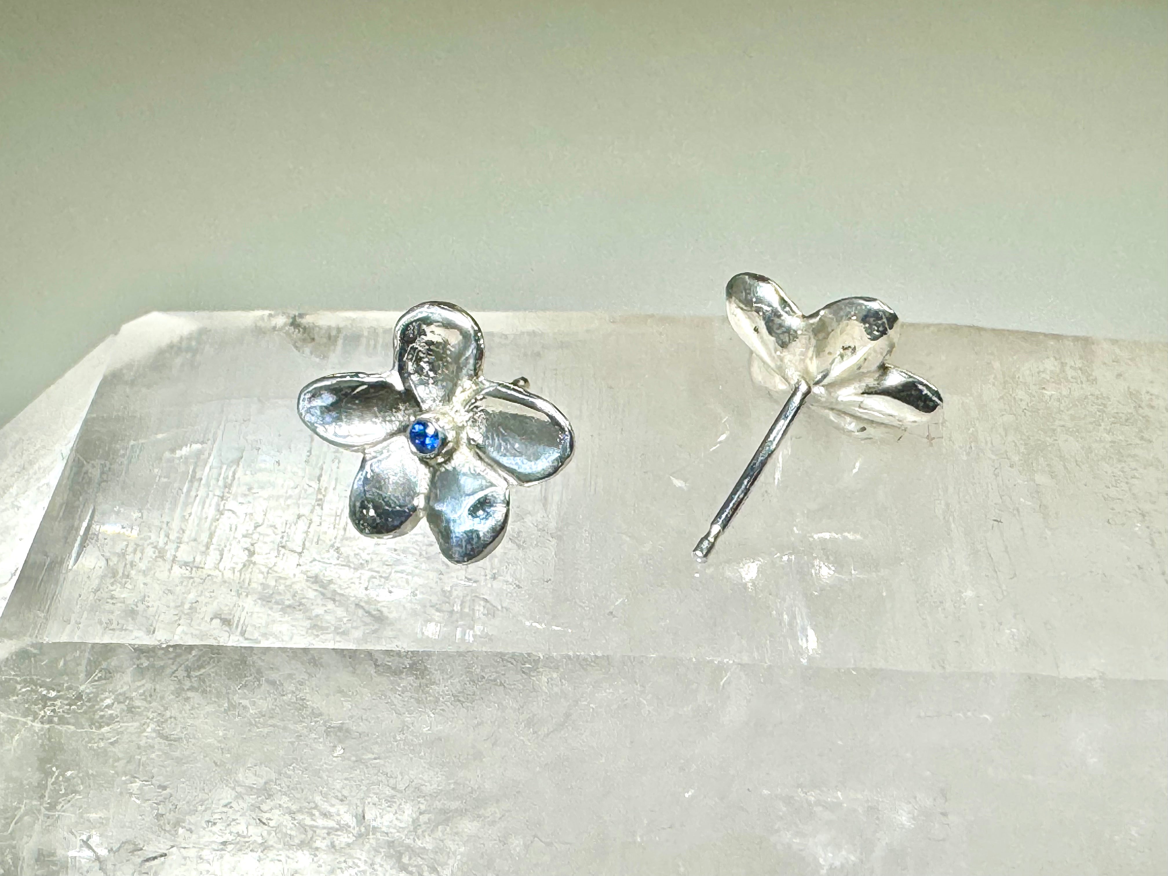 Blue Sapphire Flower Sterling Studs