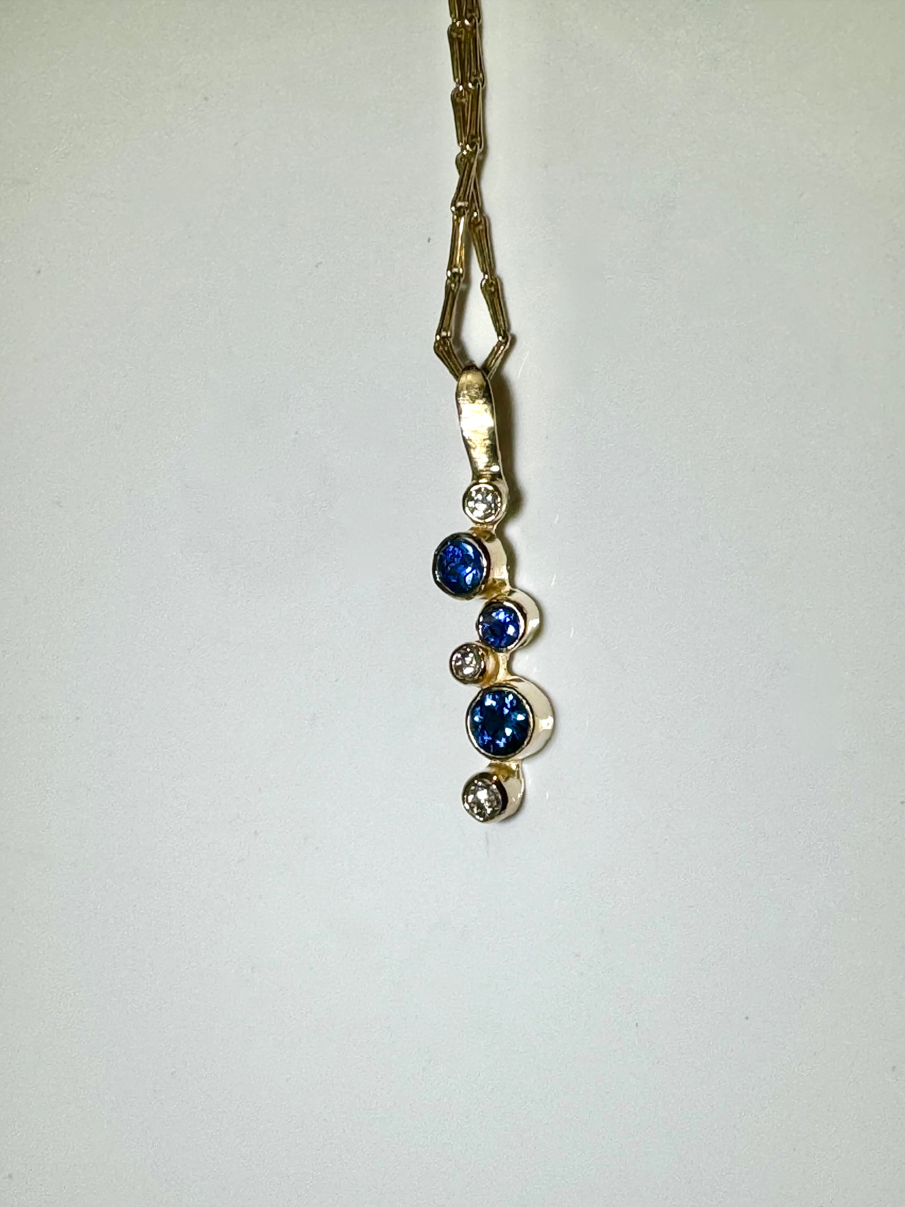 Blue Sapphire and Diamond Pebble 14k Pendant
