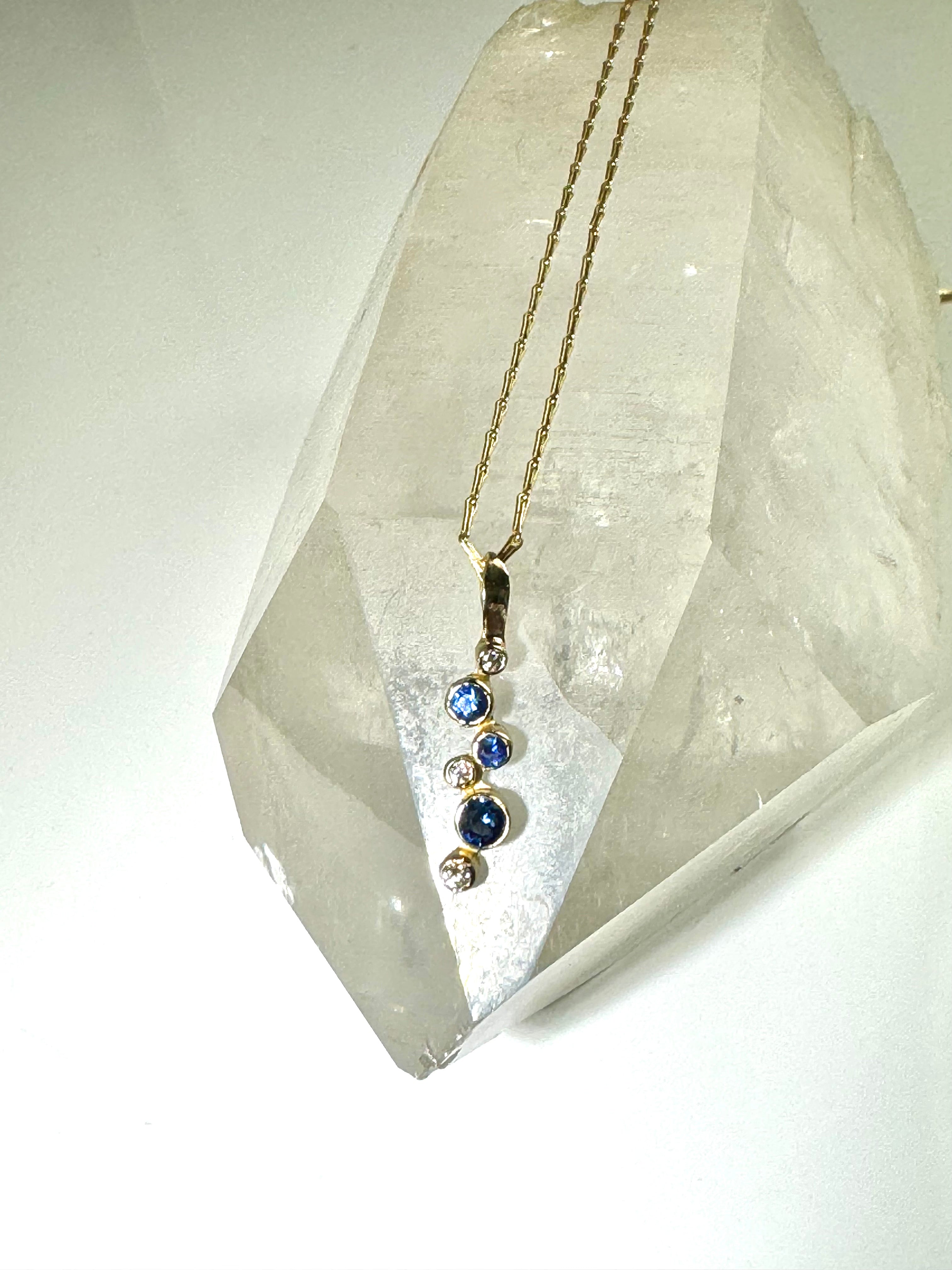 Blue Sapphire and Diamond Pebble 14k Pendant
