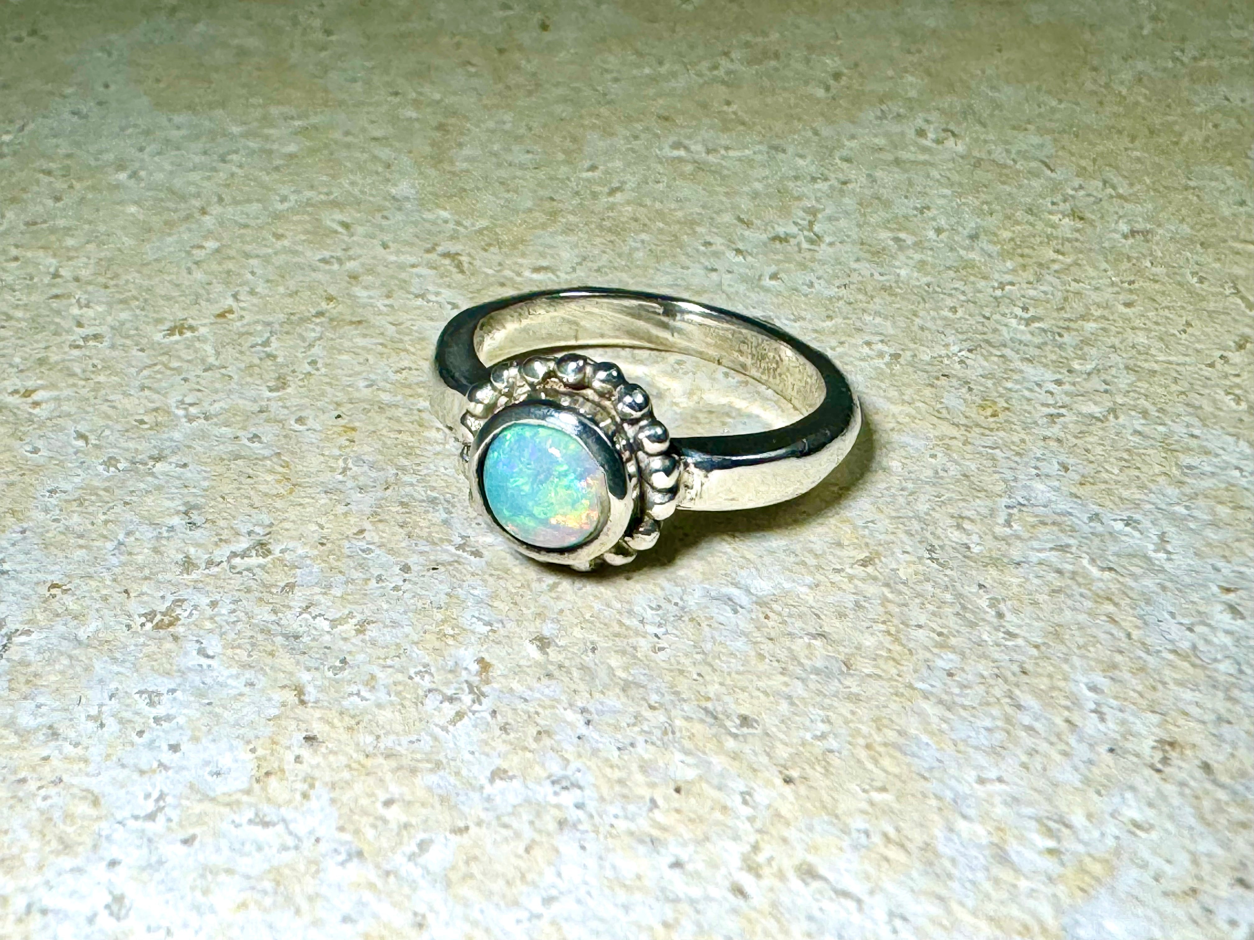 Opal Beaded Bezel Sterling Ring