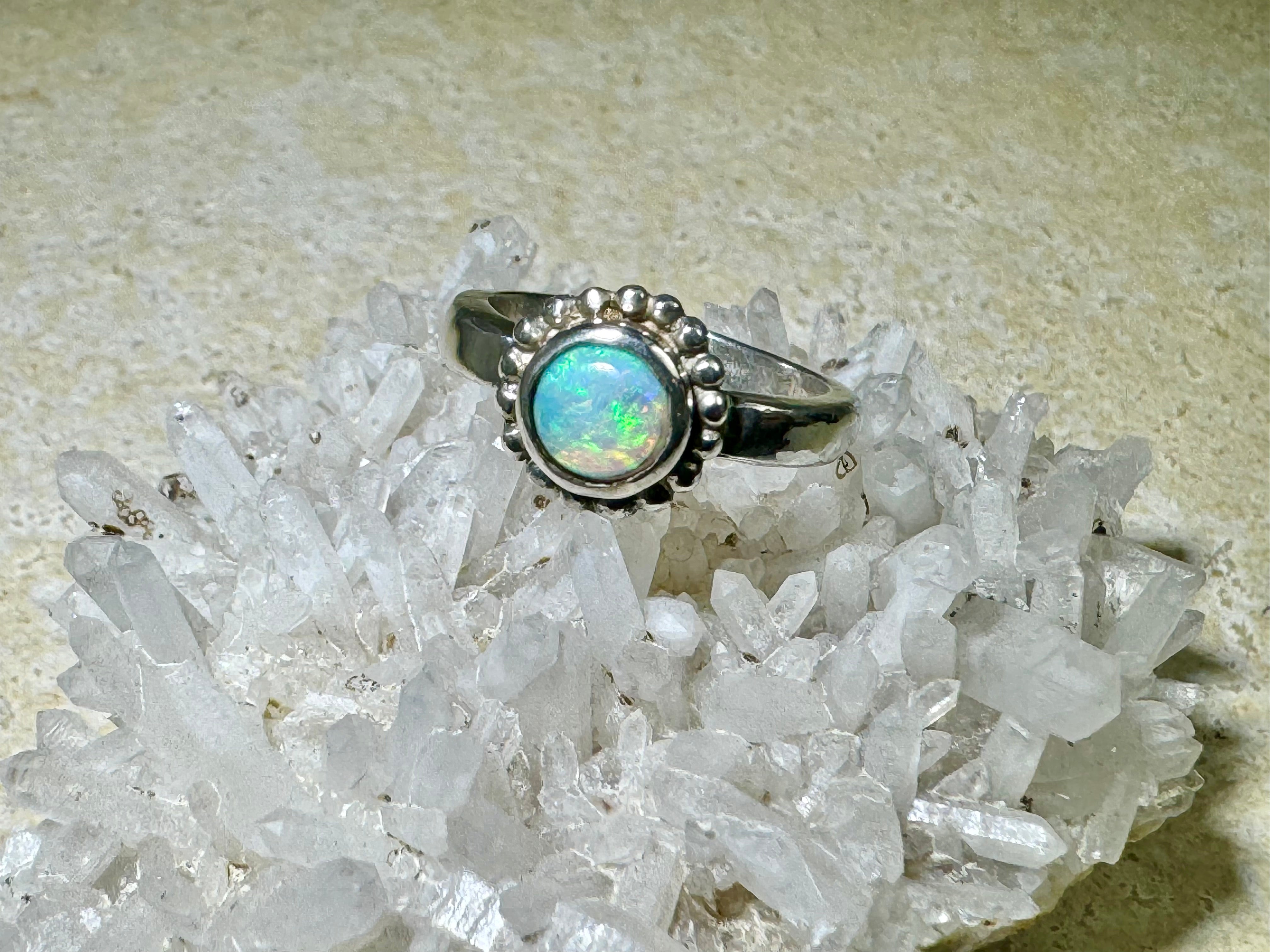 Opal Beaded Bezel Sterling Ring
