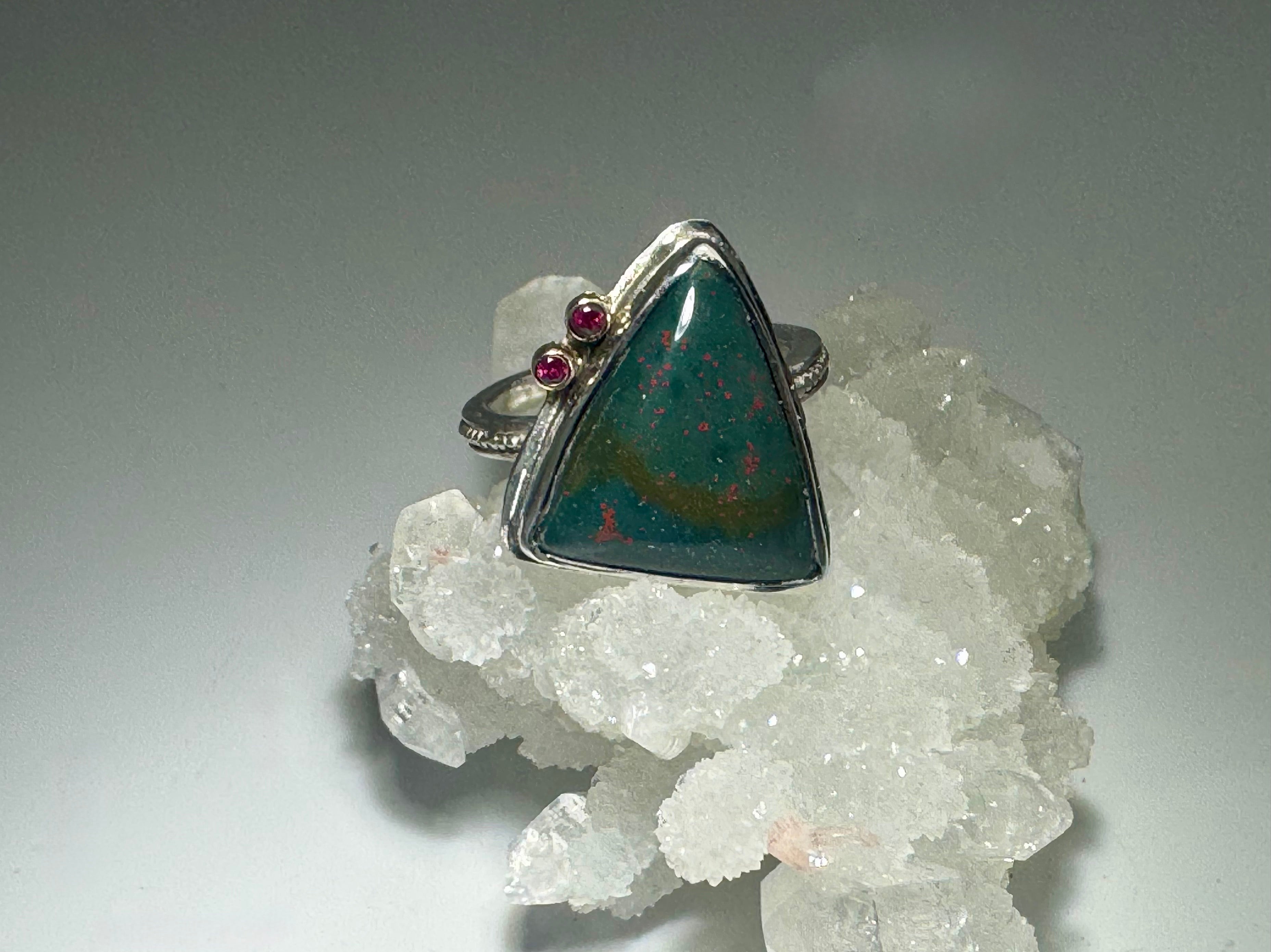 Bloodstone & Ruby Triangle Sterling Ring