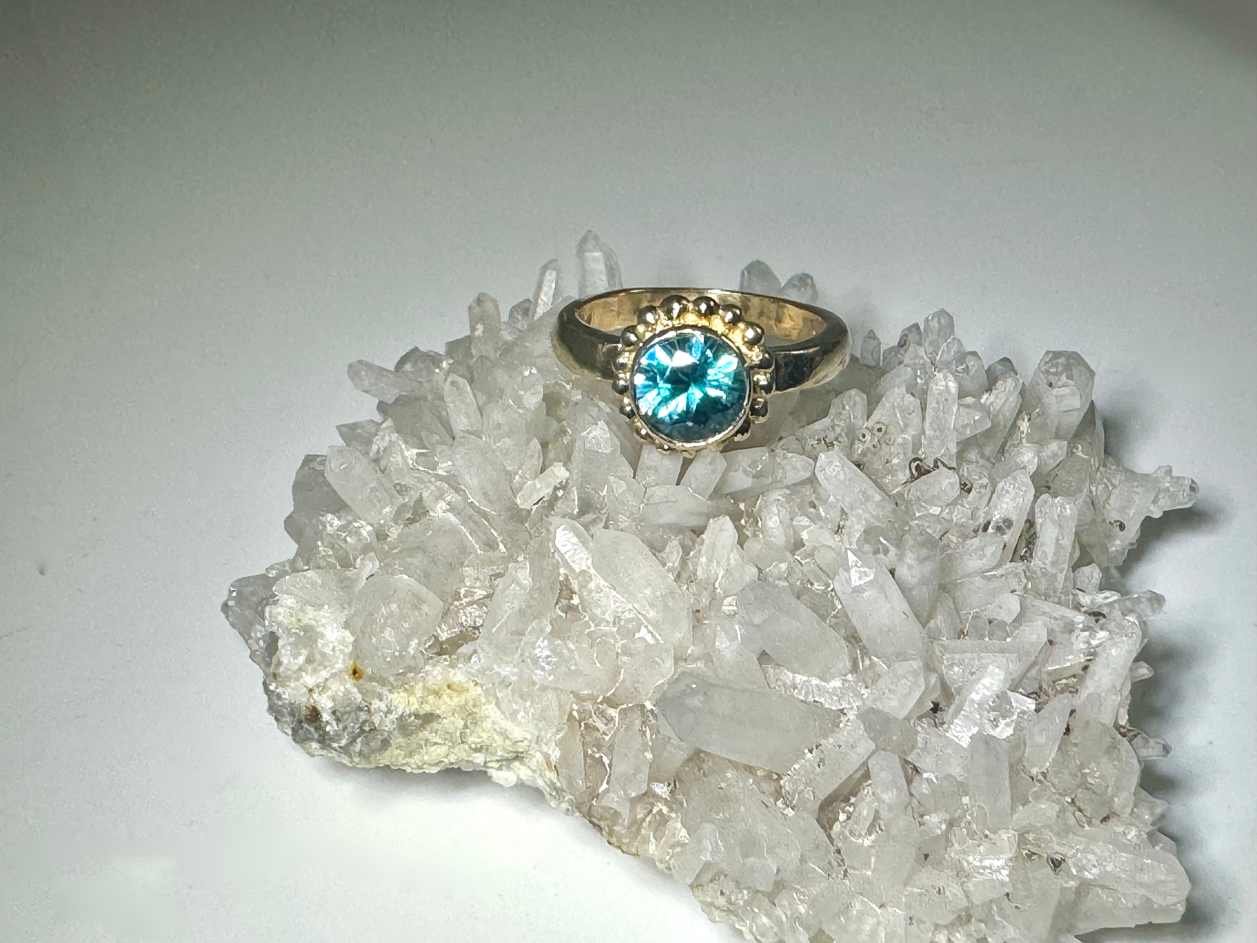 Blue Zircon Beaded Bezel 14 Gold Ring