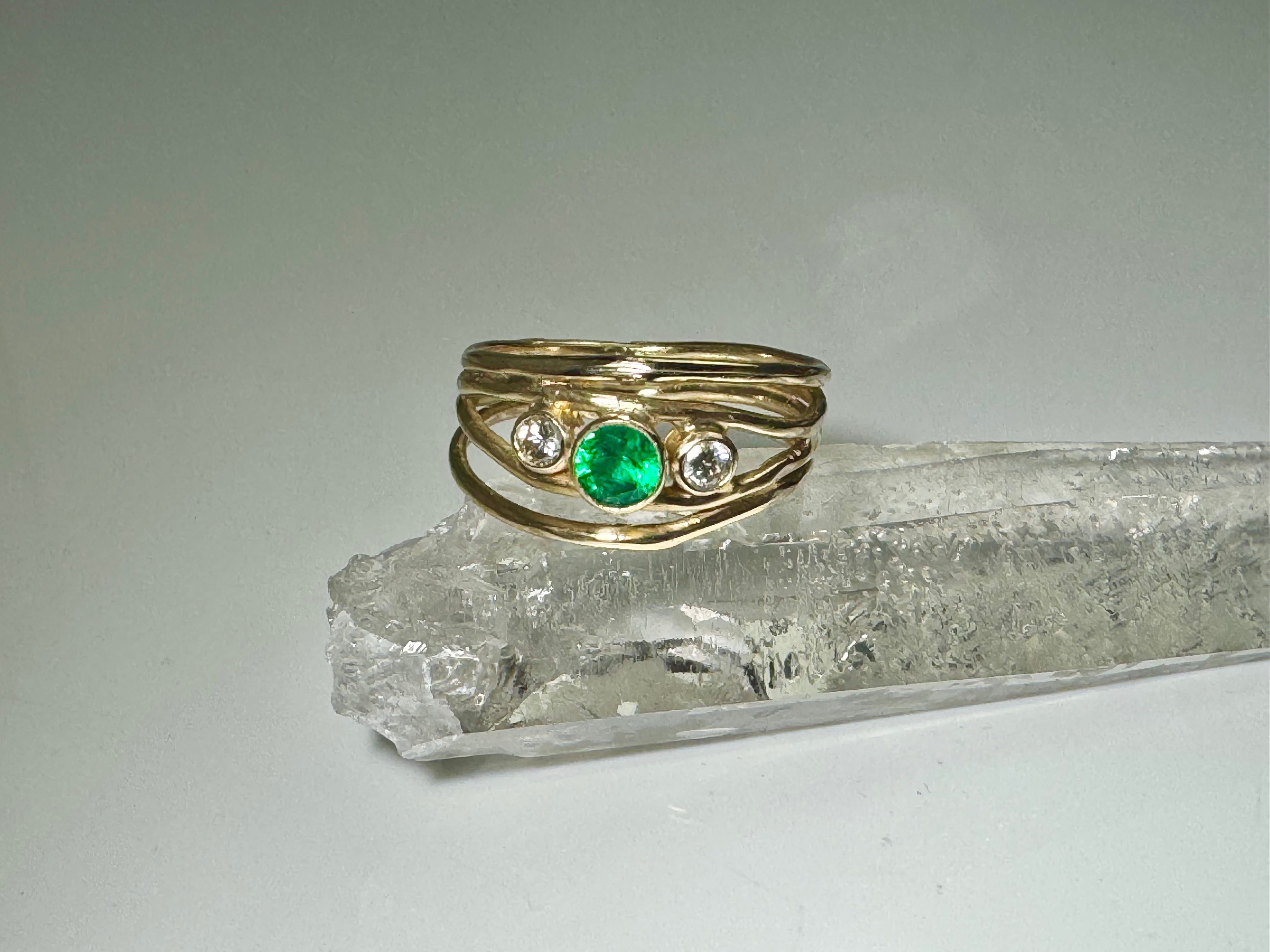 Emerald & Diamond 4 Band 18k Ring
