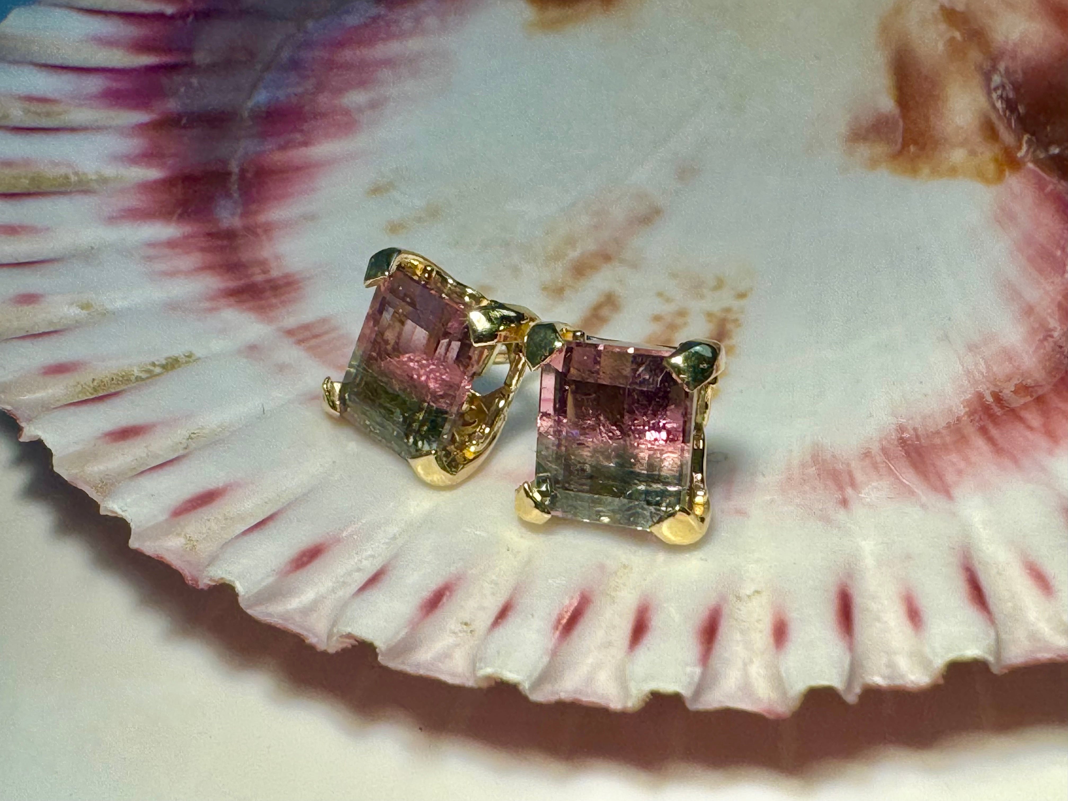 Bi-color Tourmaline Faceted 14k Studs
