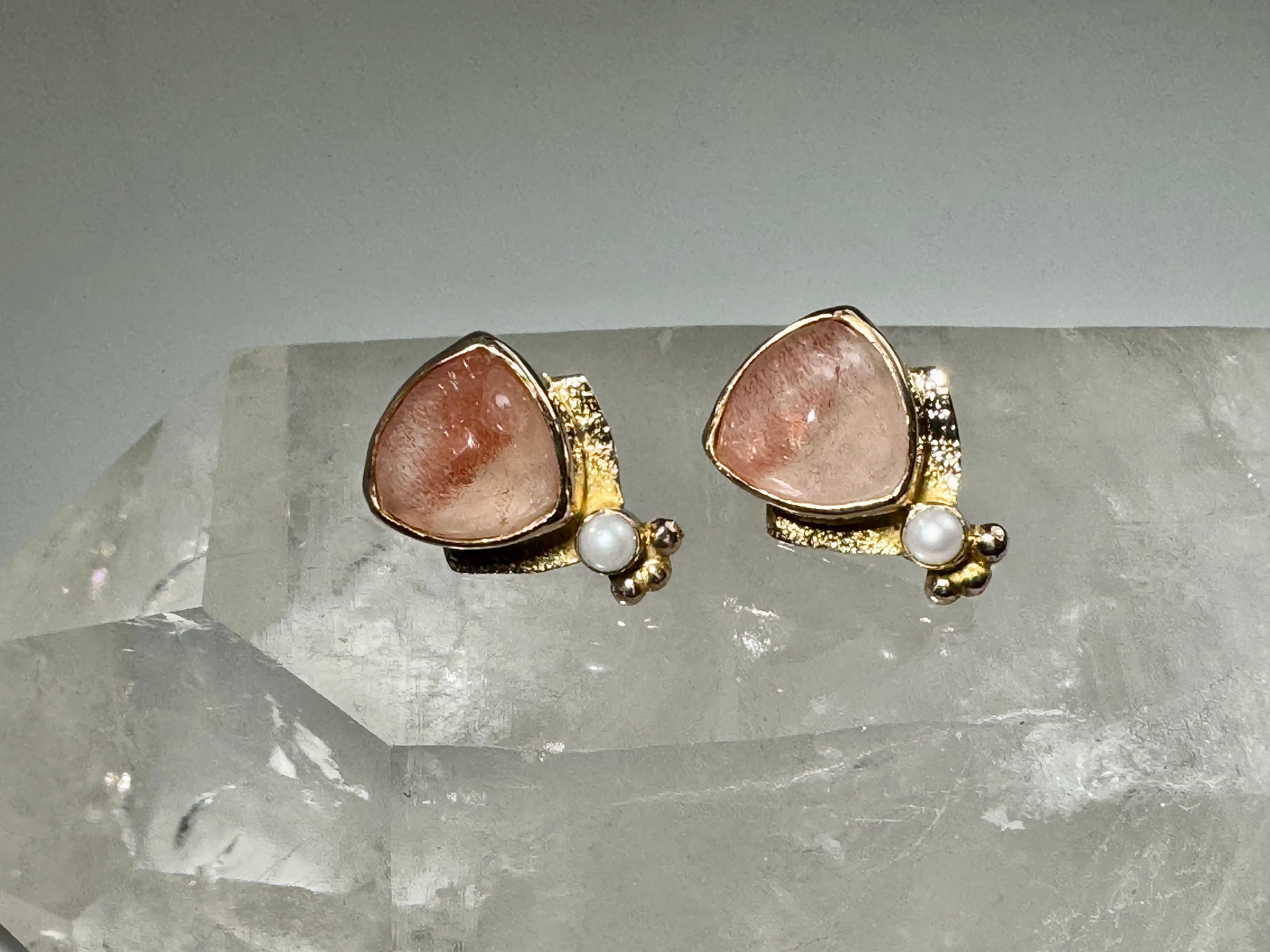 Stawberry Quartz & Pearl 14k Rose Gold Studs