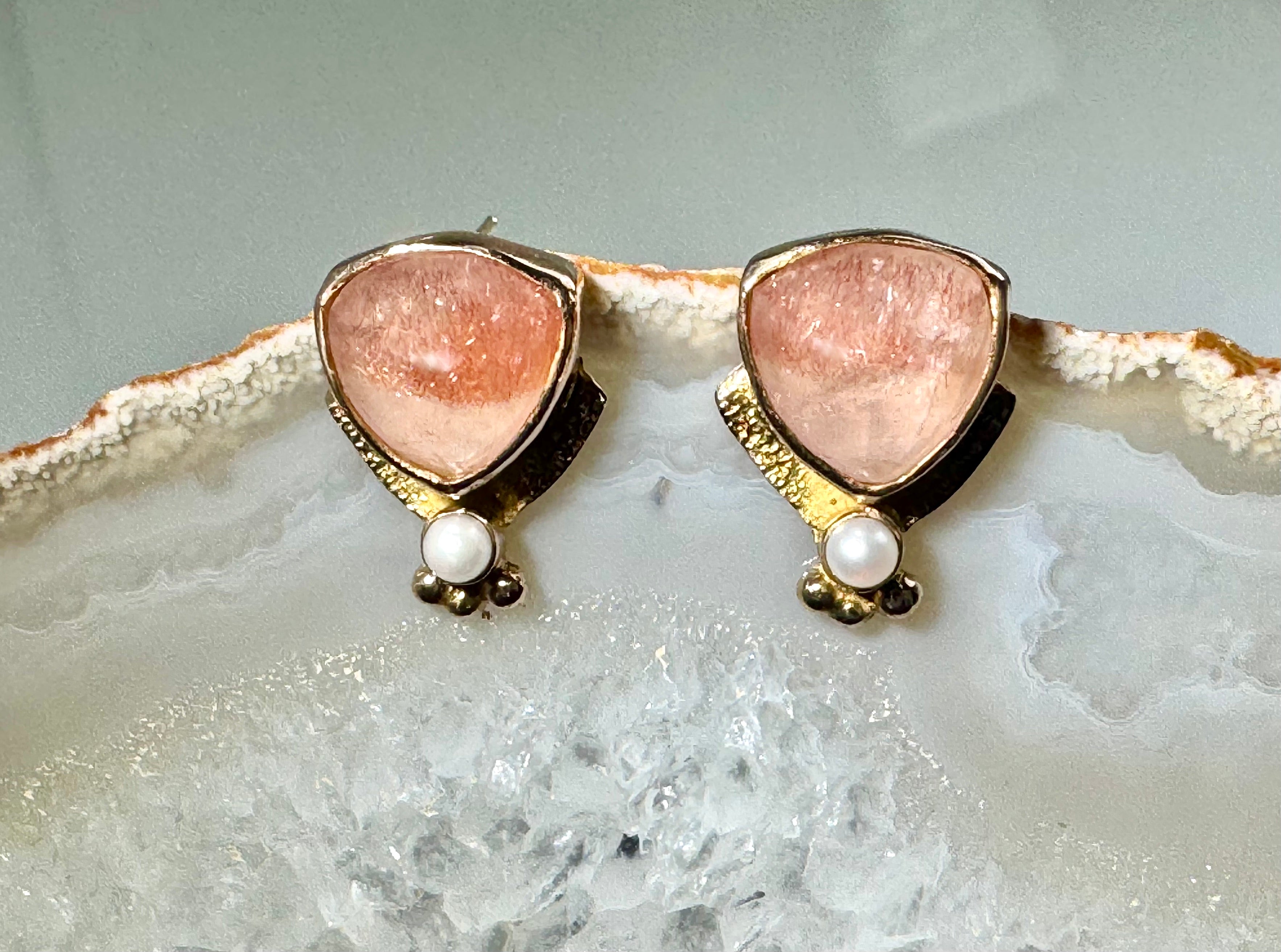 Stawberry Quartz & Pearl 14k Rose Gold Studs
