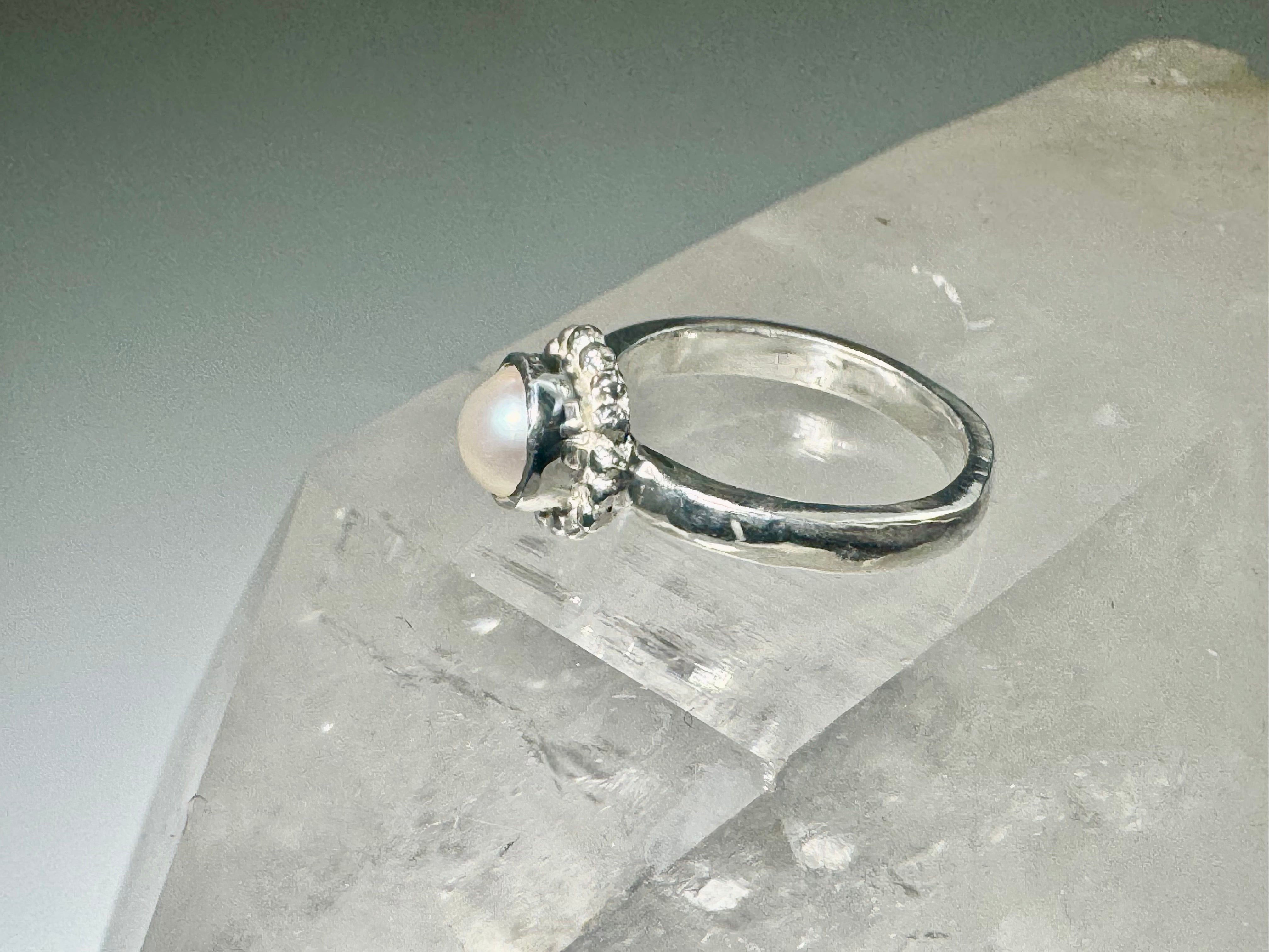 Pearl Akoya Beaded Bezel Sterling Ring