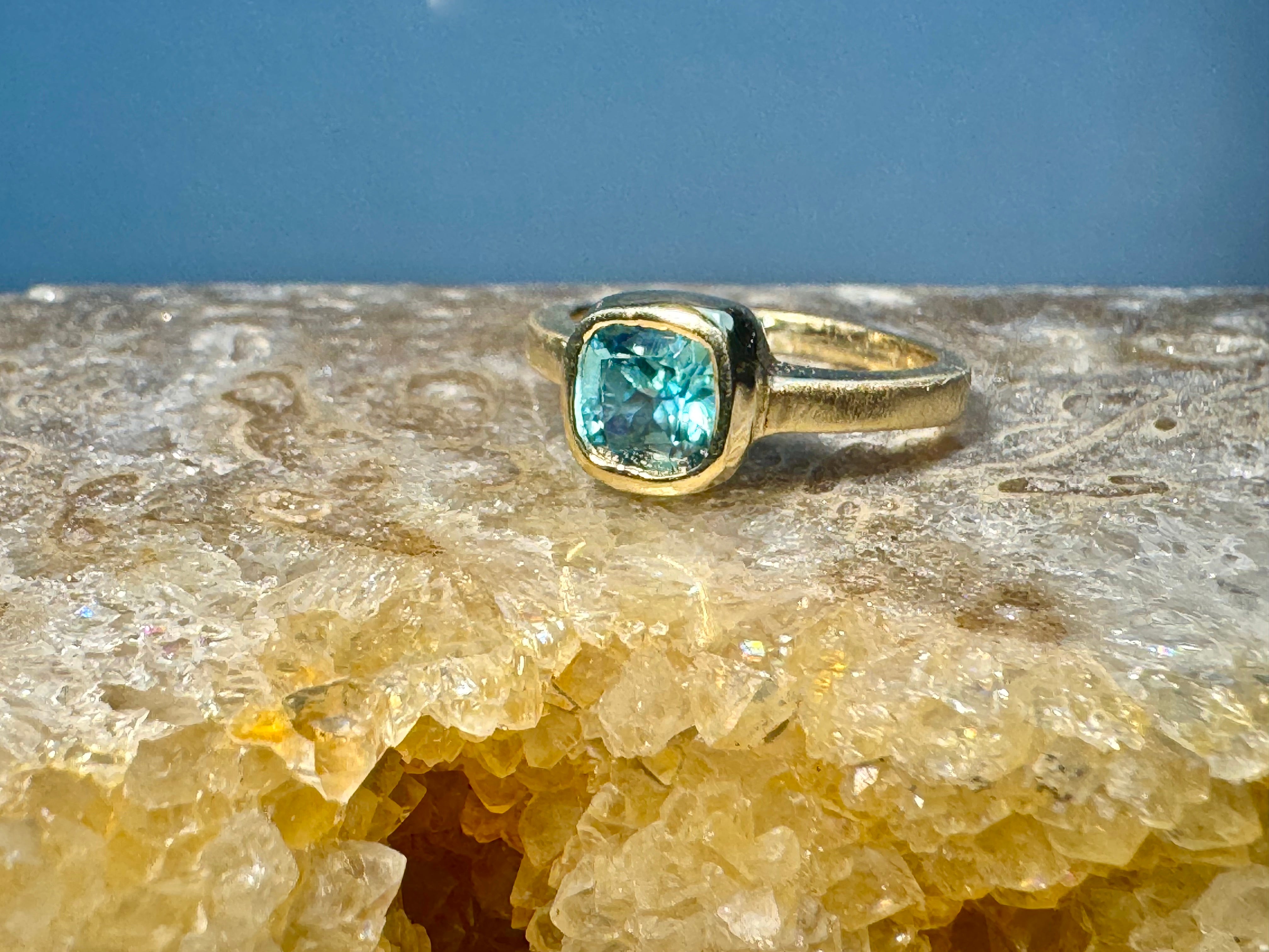 Blue Zircon Cushion Cut 14k Ring