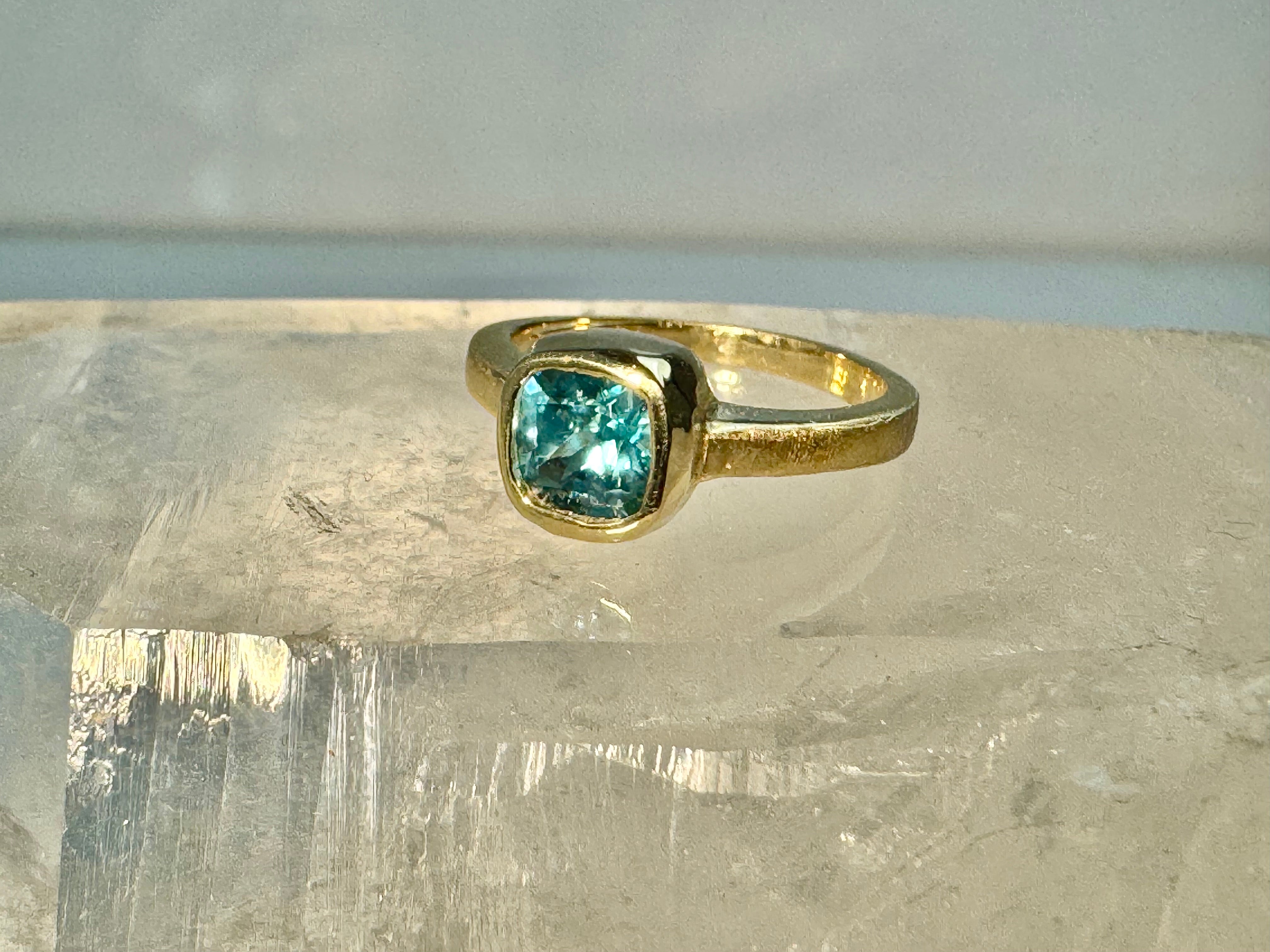 Blue Zircon Cushion Cut 14k Ring
