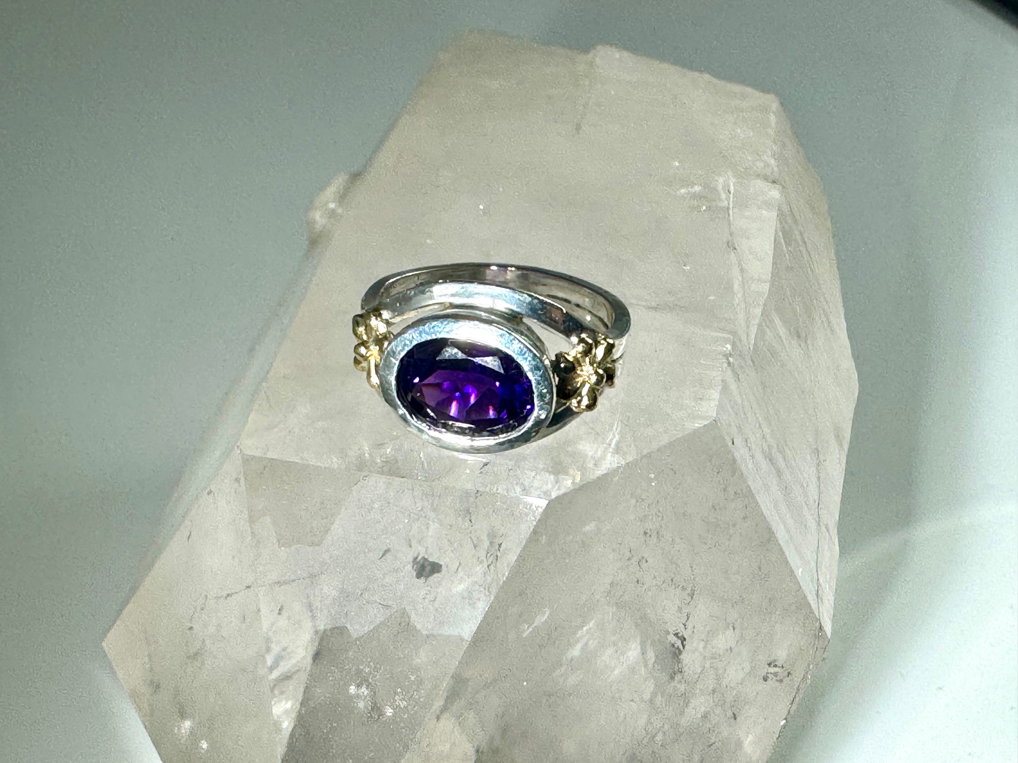 Amethyst & 18k Flower Sterling Ring