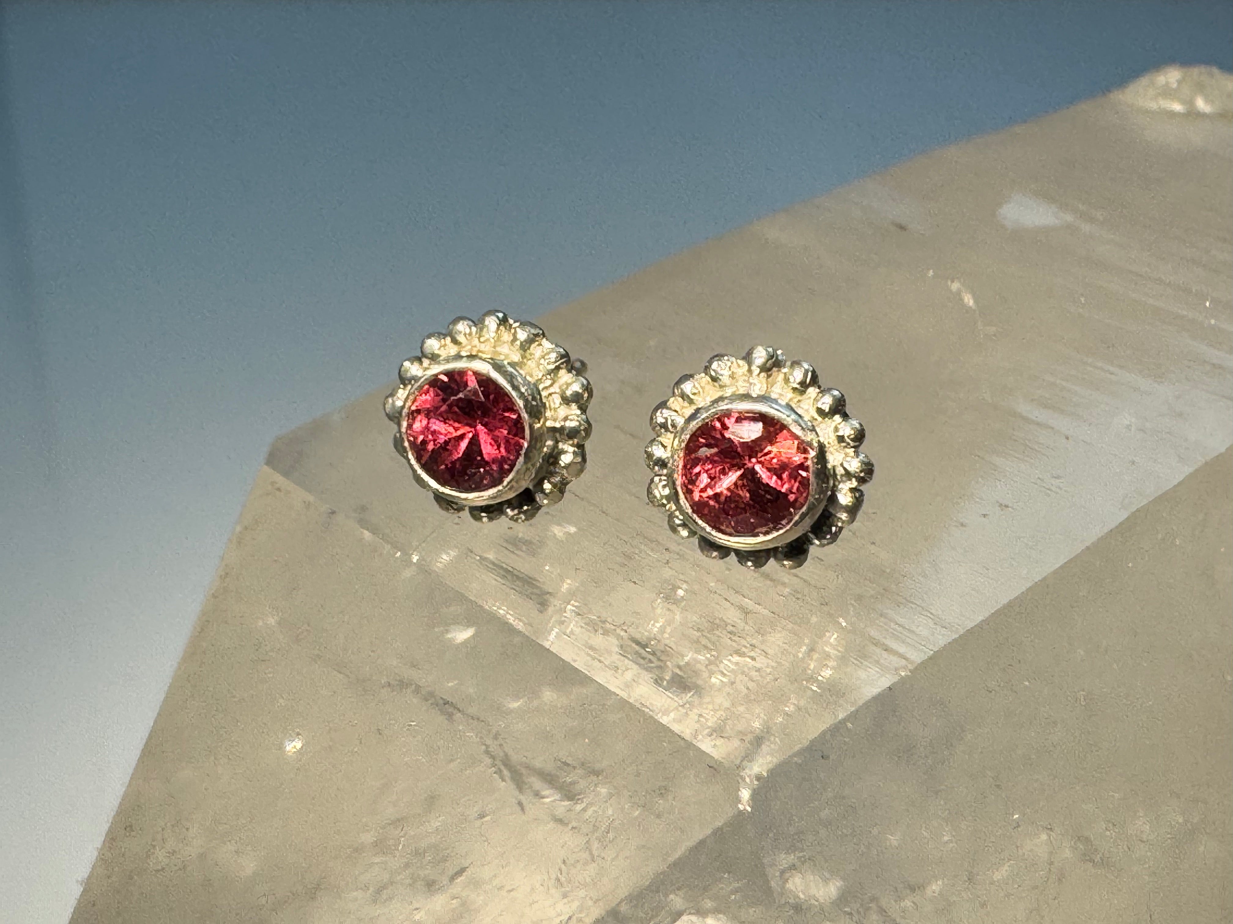 Pink Tourmaline Beaded Bezel Sterling Studs