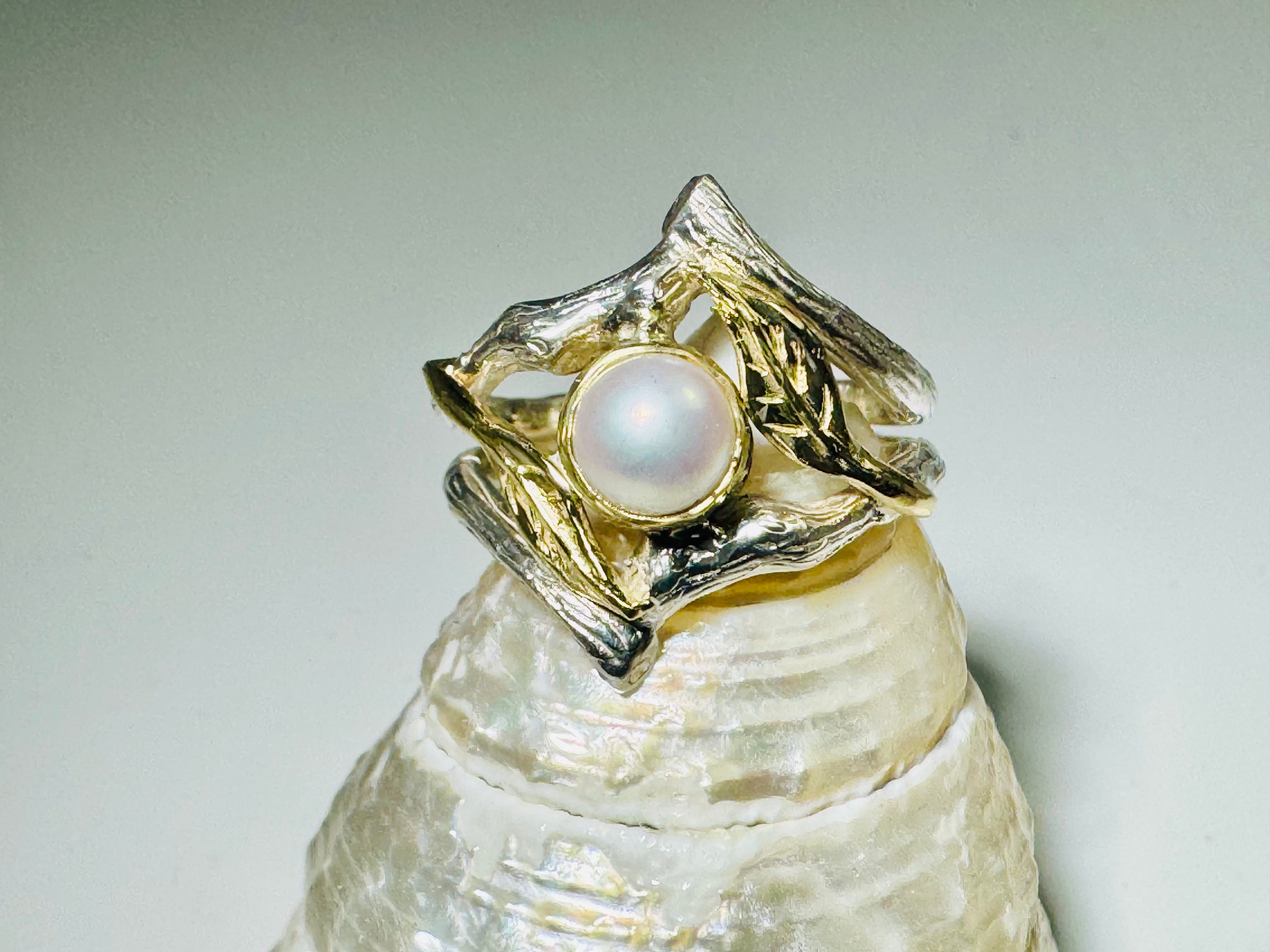 Pearl Double Bark & Leaves Two Tone Ring