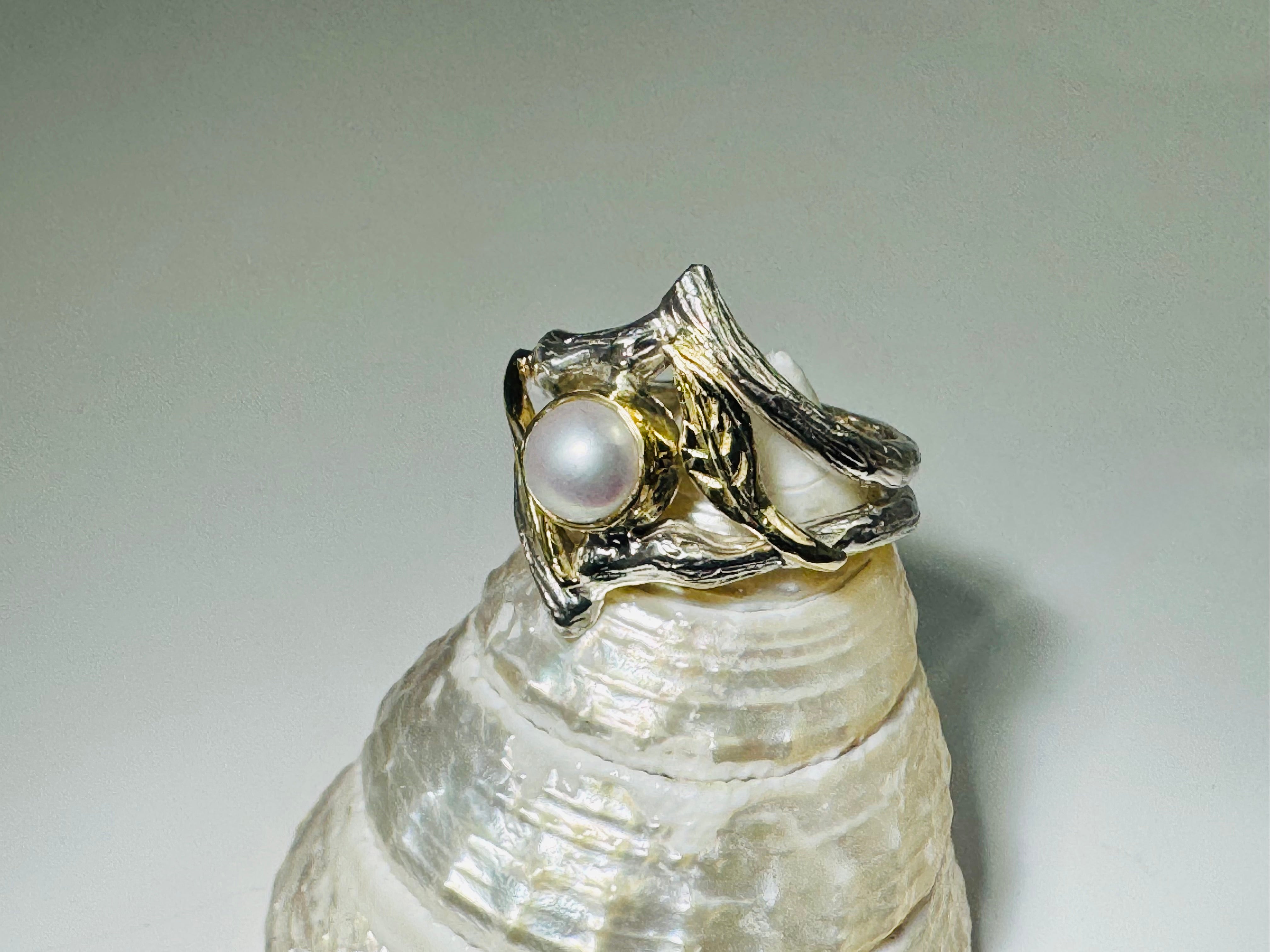 Pearl Double Bark & Leaves Two Tone Ring