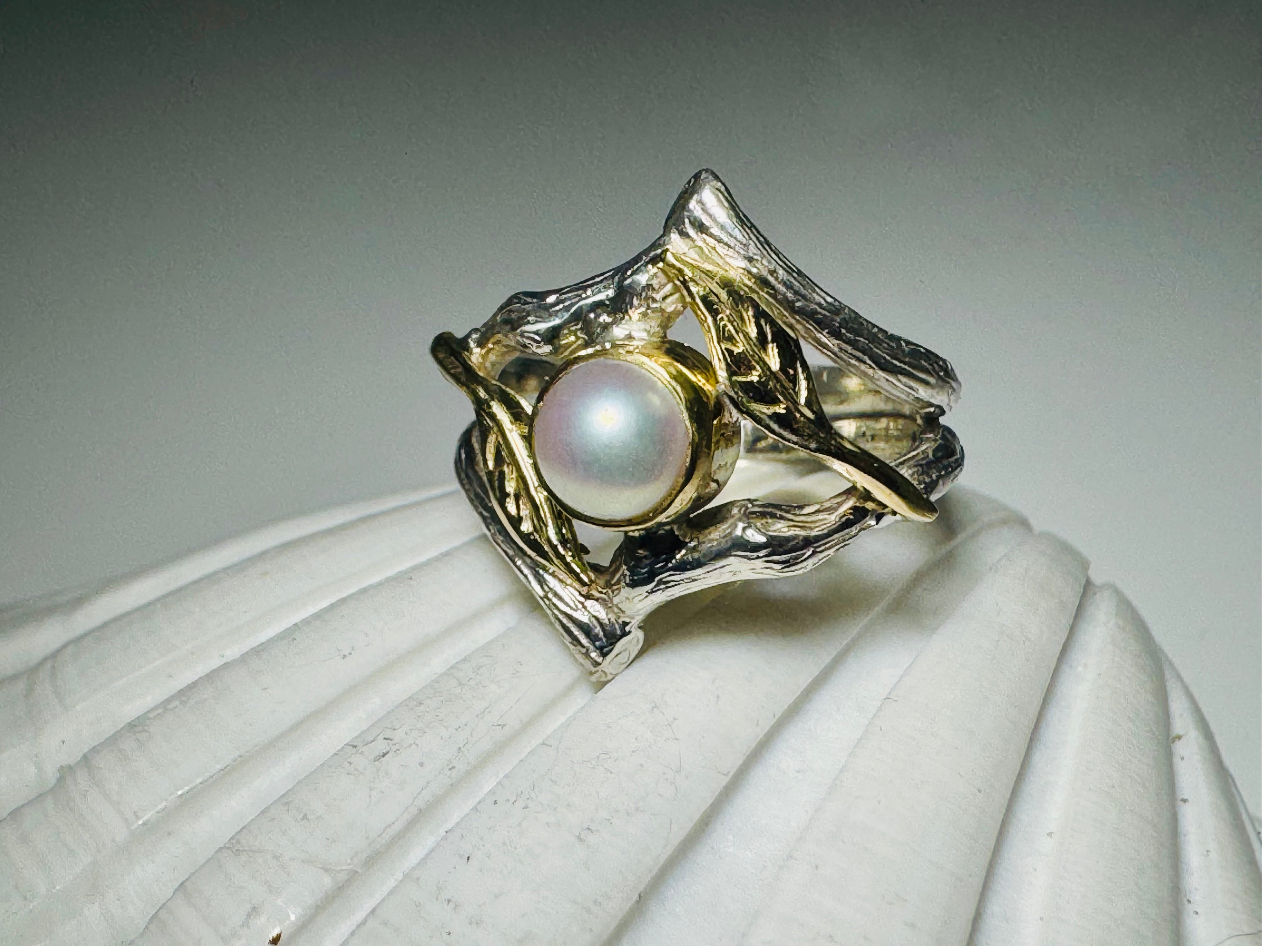 Pearl Double Bark & Leaves Two Tone Ring
