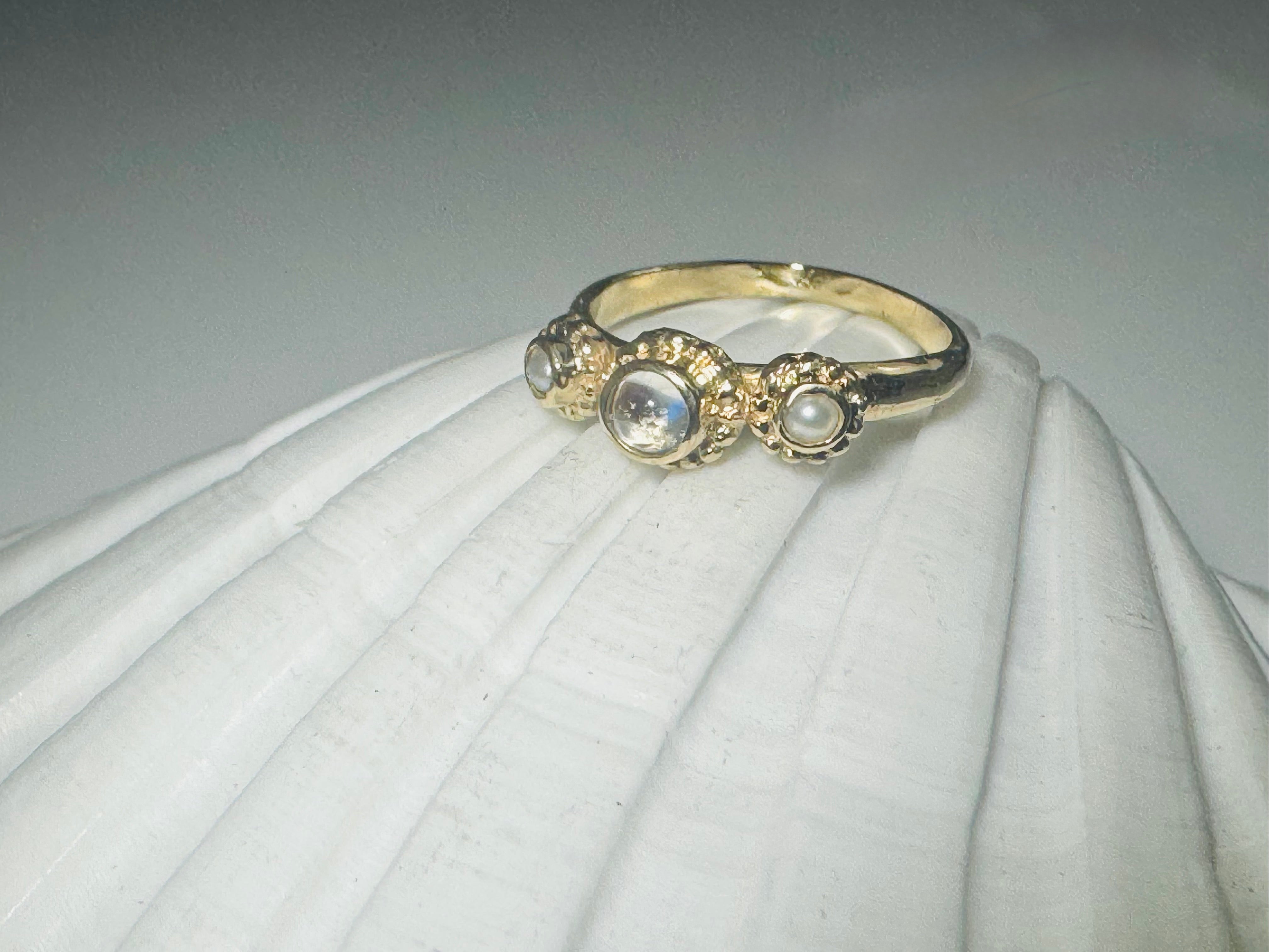 Moonstone & Pearl Beaded Bezel 14k Ring