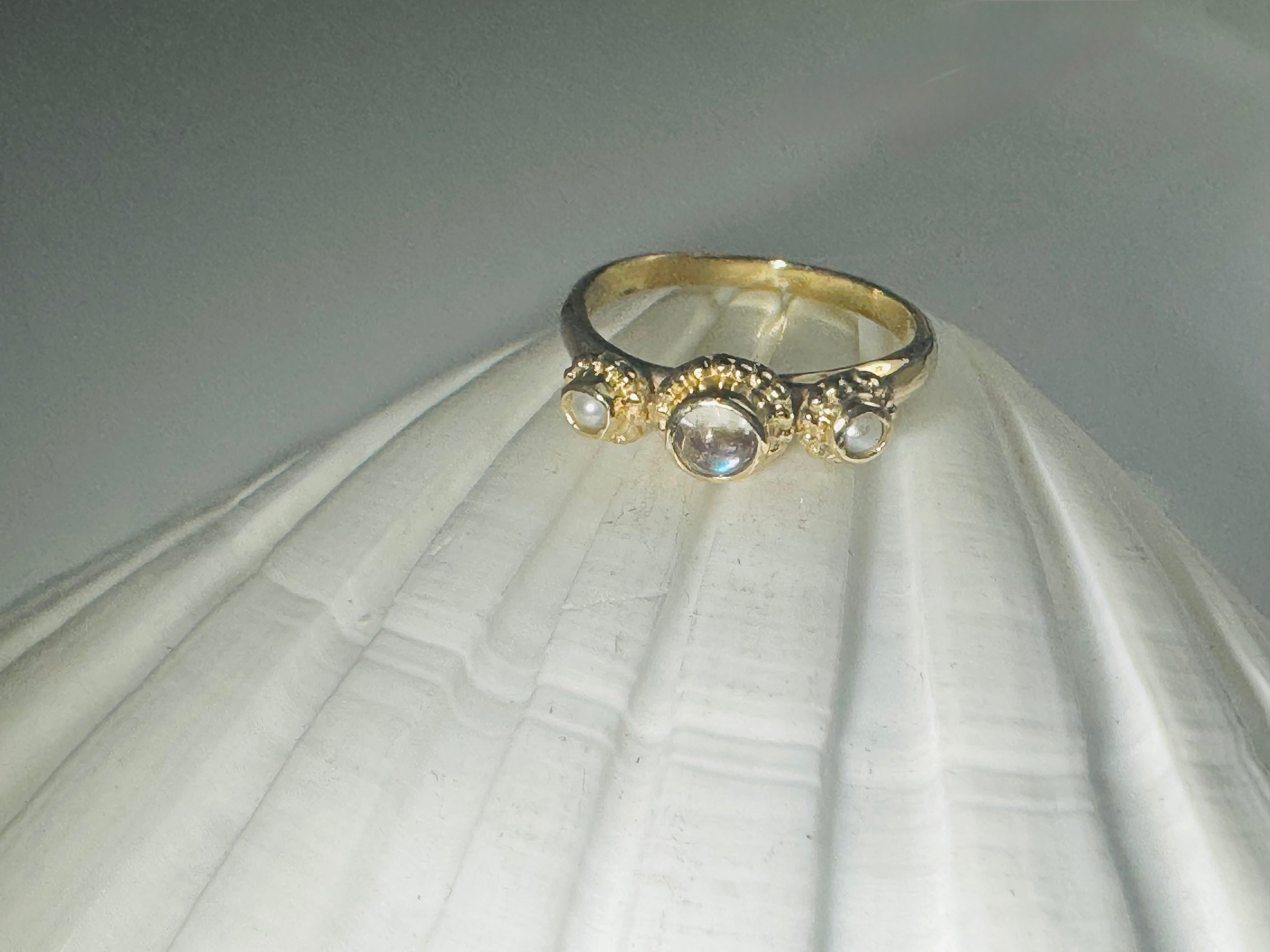 Moonstone & Pearl Beaded Bezel 14k Ring