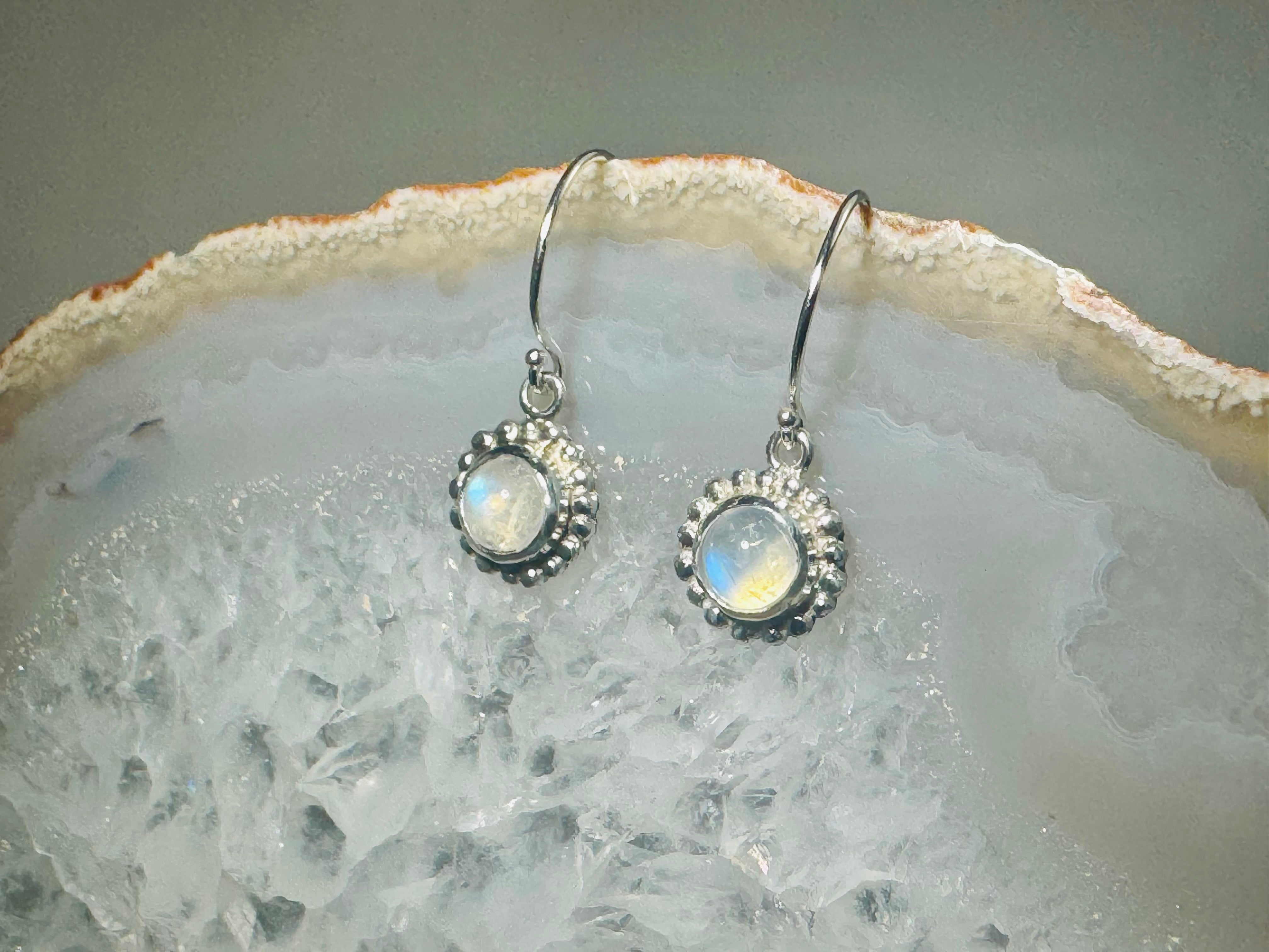 Moonstone Beaded Bezel Sterling Dangles
