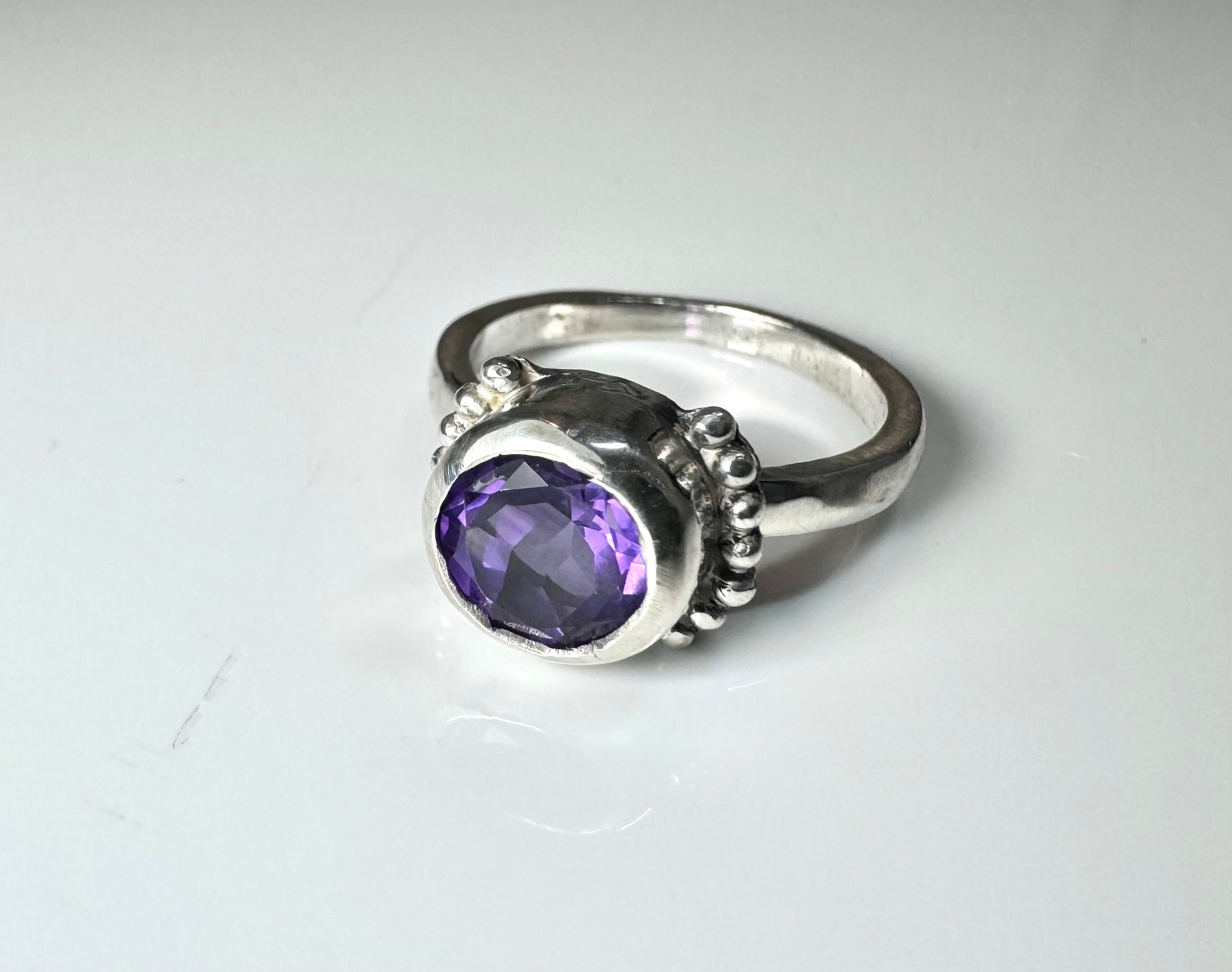 Amethyst Side Beads Sterling Ring