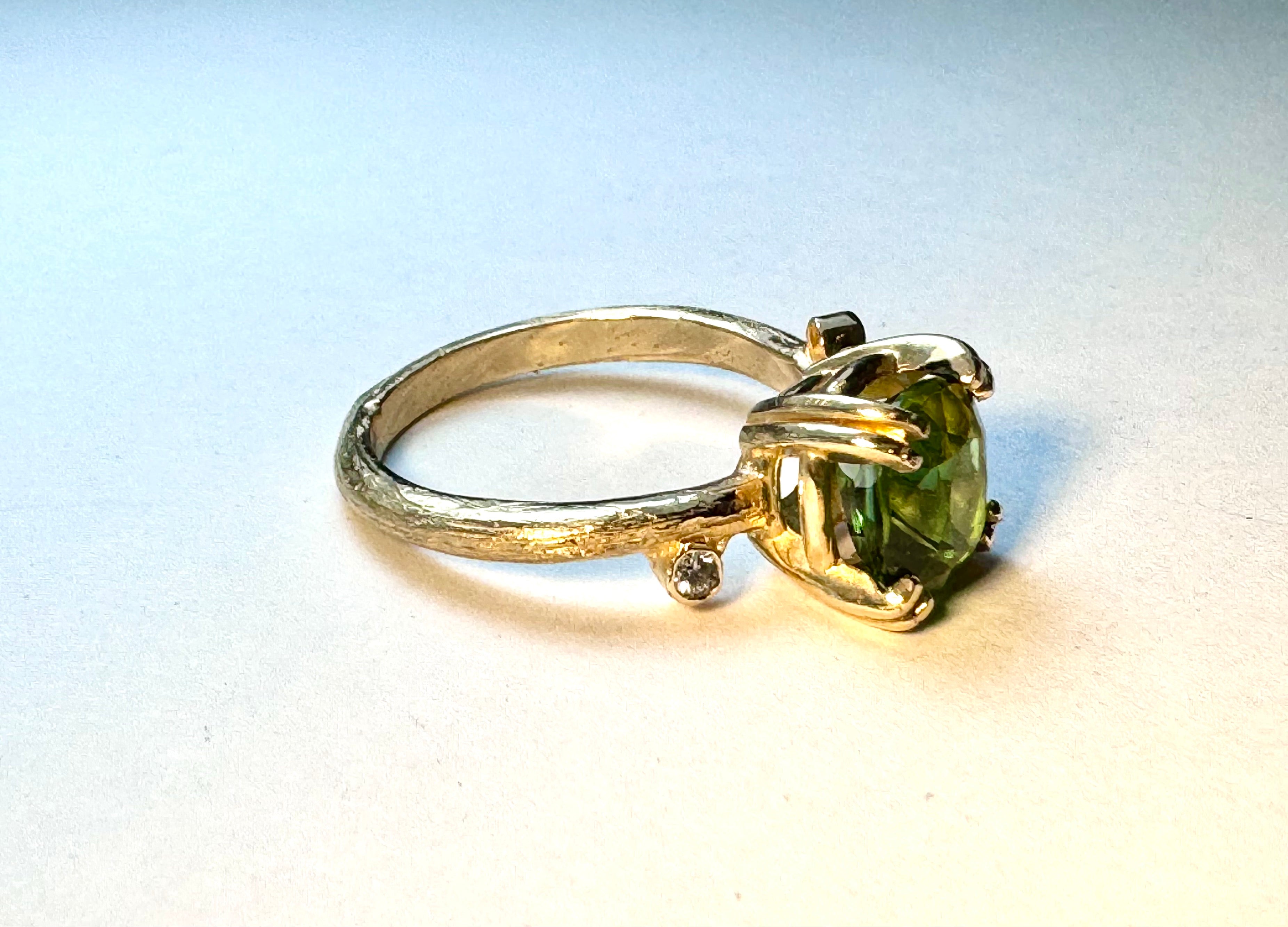 Green Tourmaline & Diamond Bark Ring