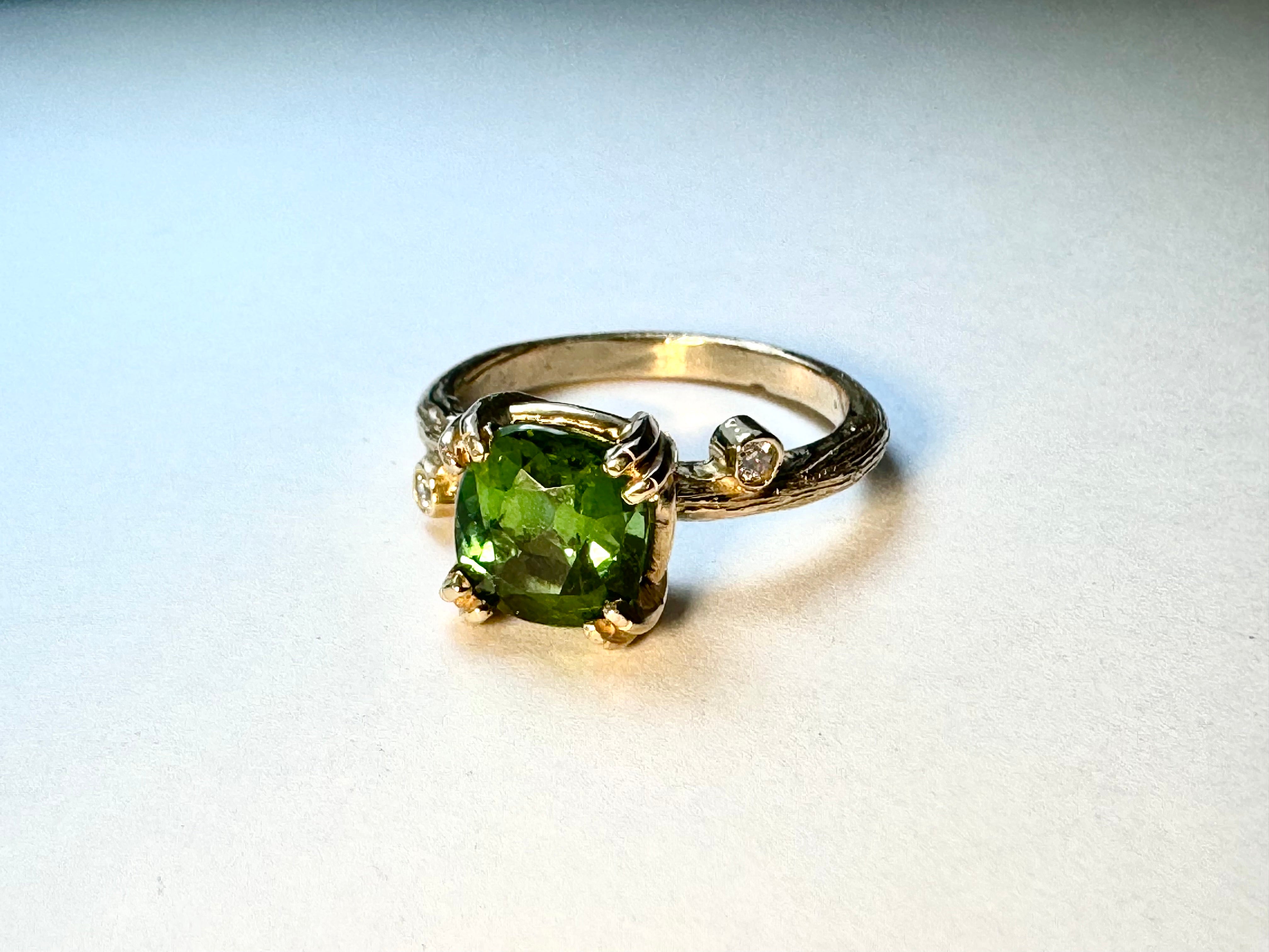 Green Tourmaline & Diamond Bark Ring