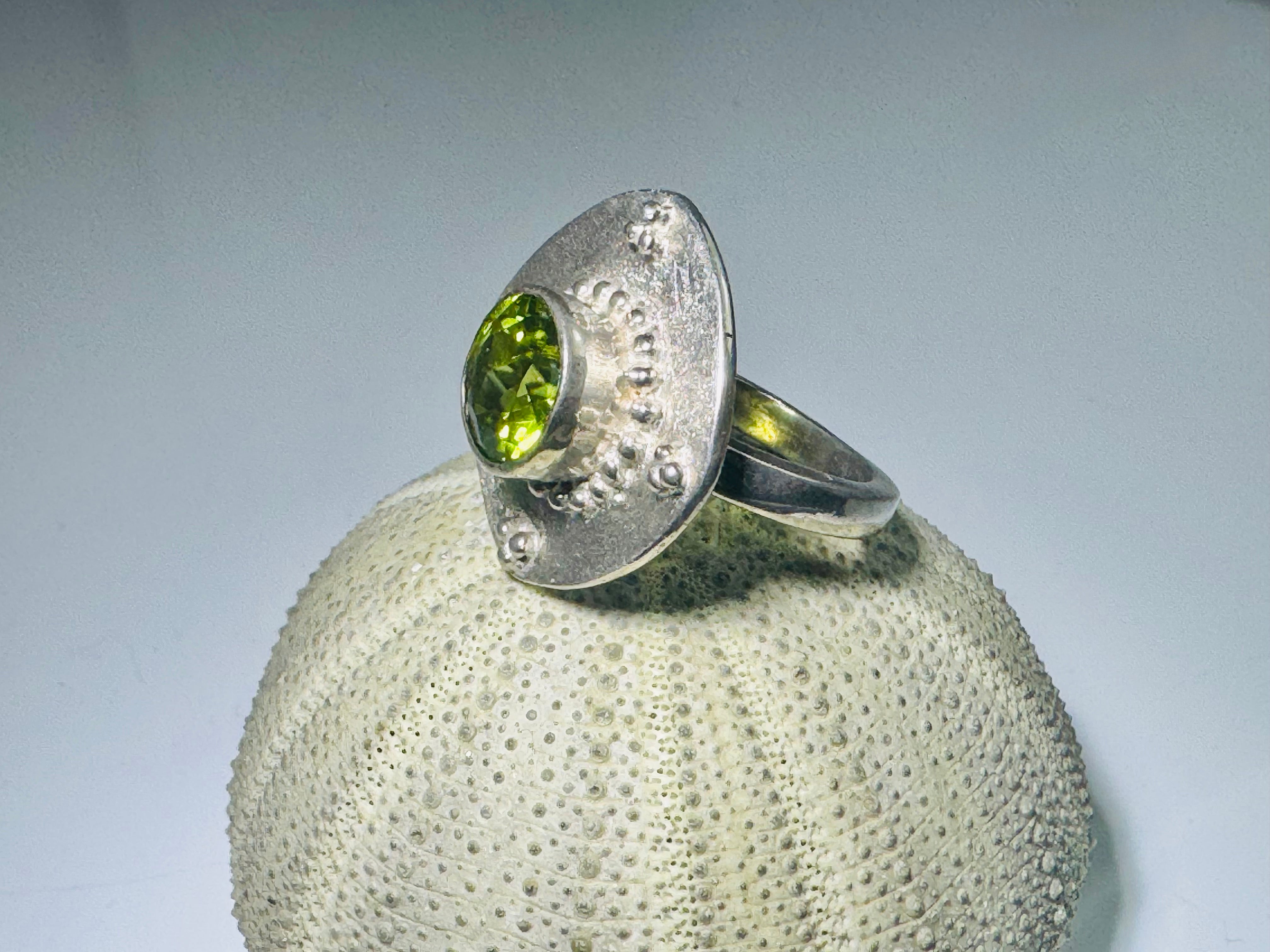 Peridot Beaded Antique Shape Sterling Ring