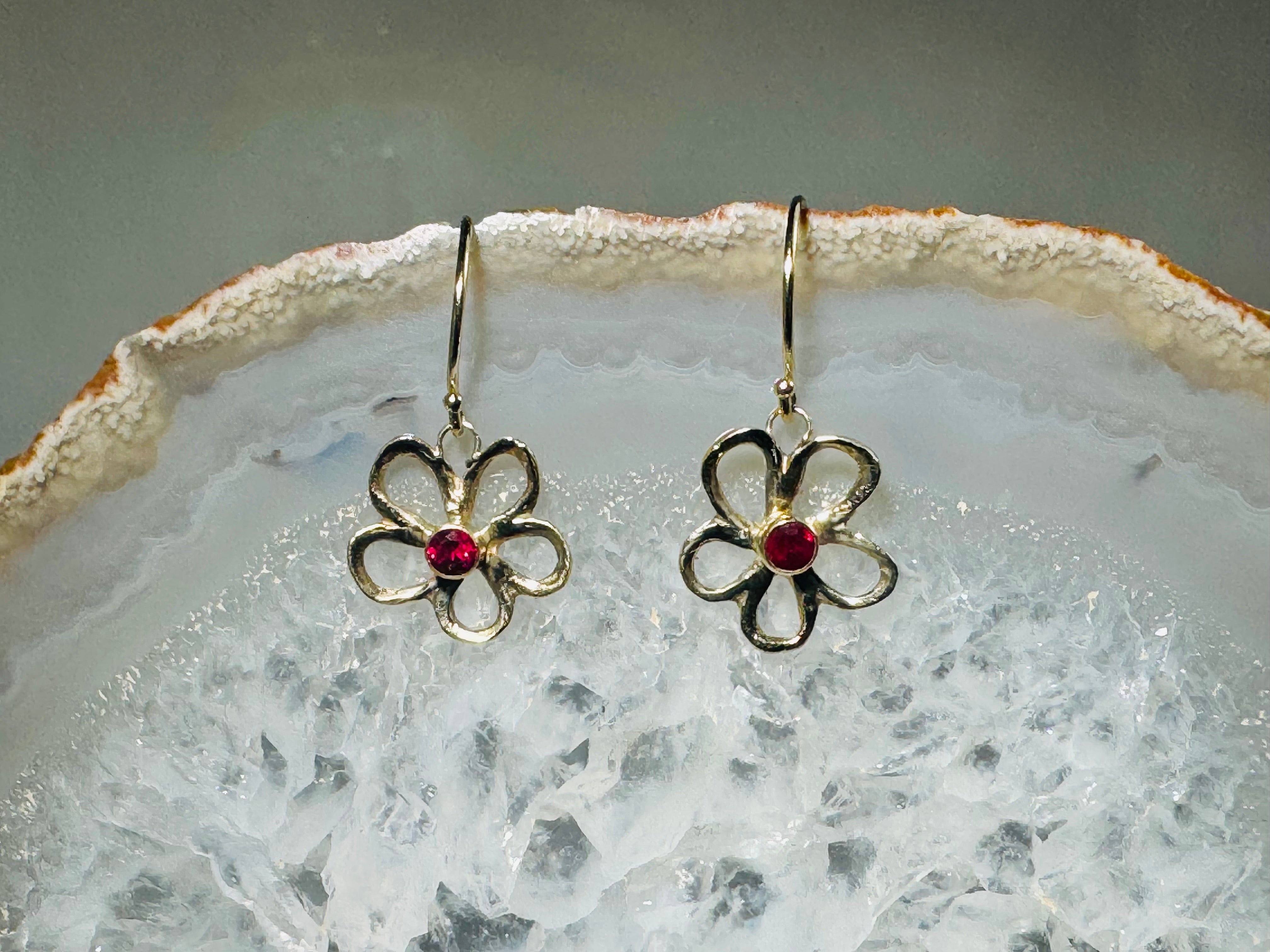 Ruby AAA Open Flower 14k Dangles