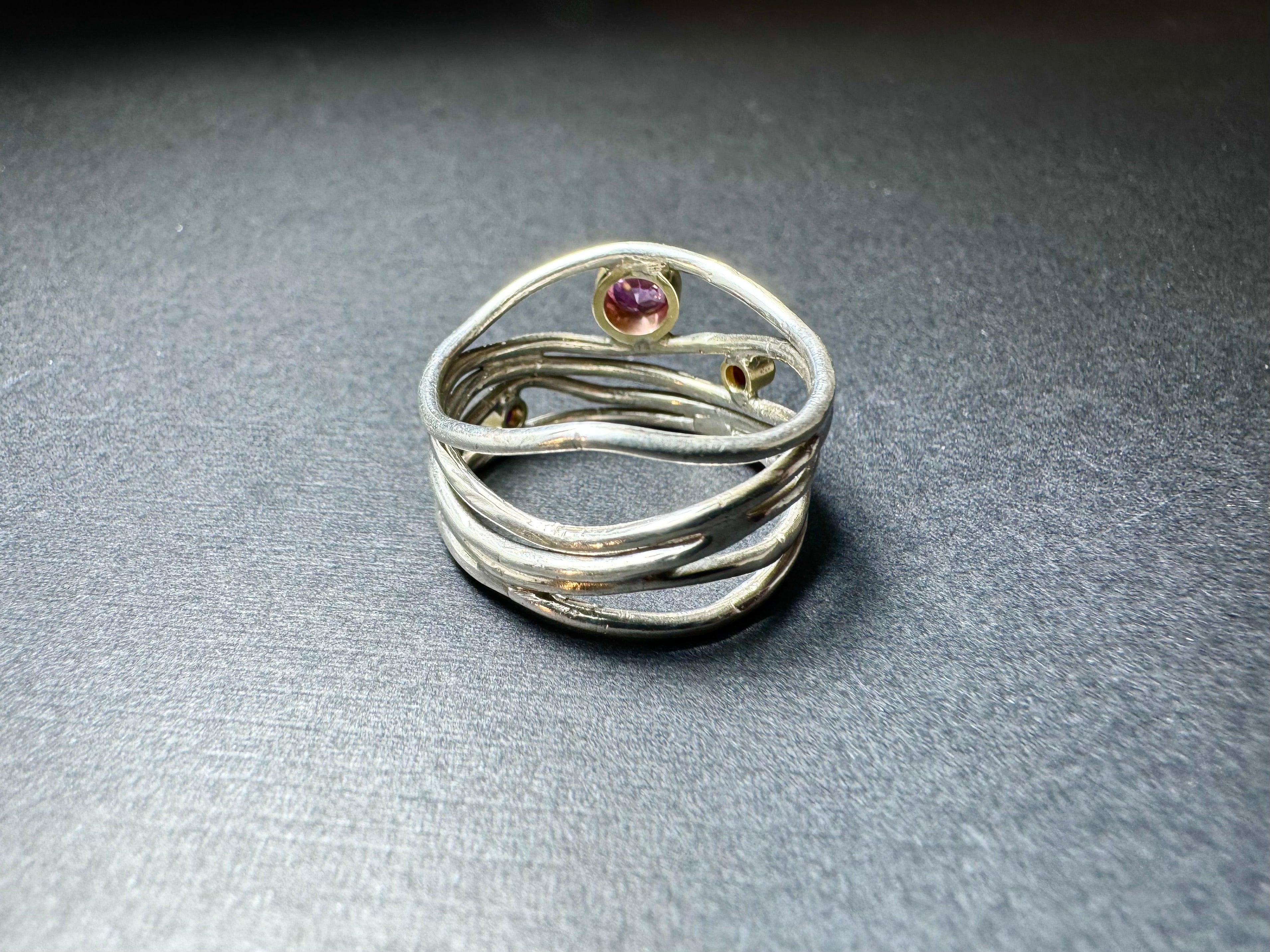 Pink Sapphire and Diamond Sterling Silver Wire Ring