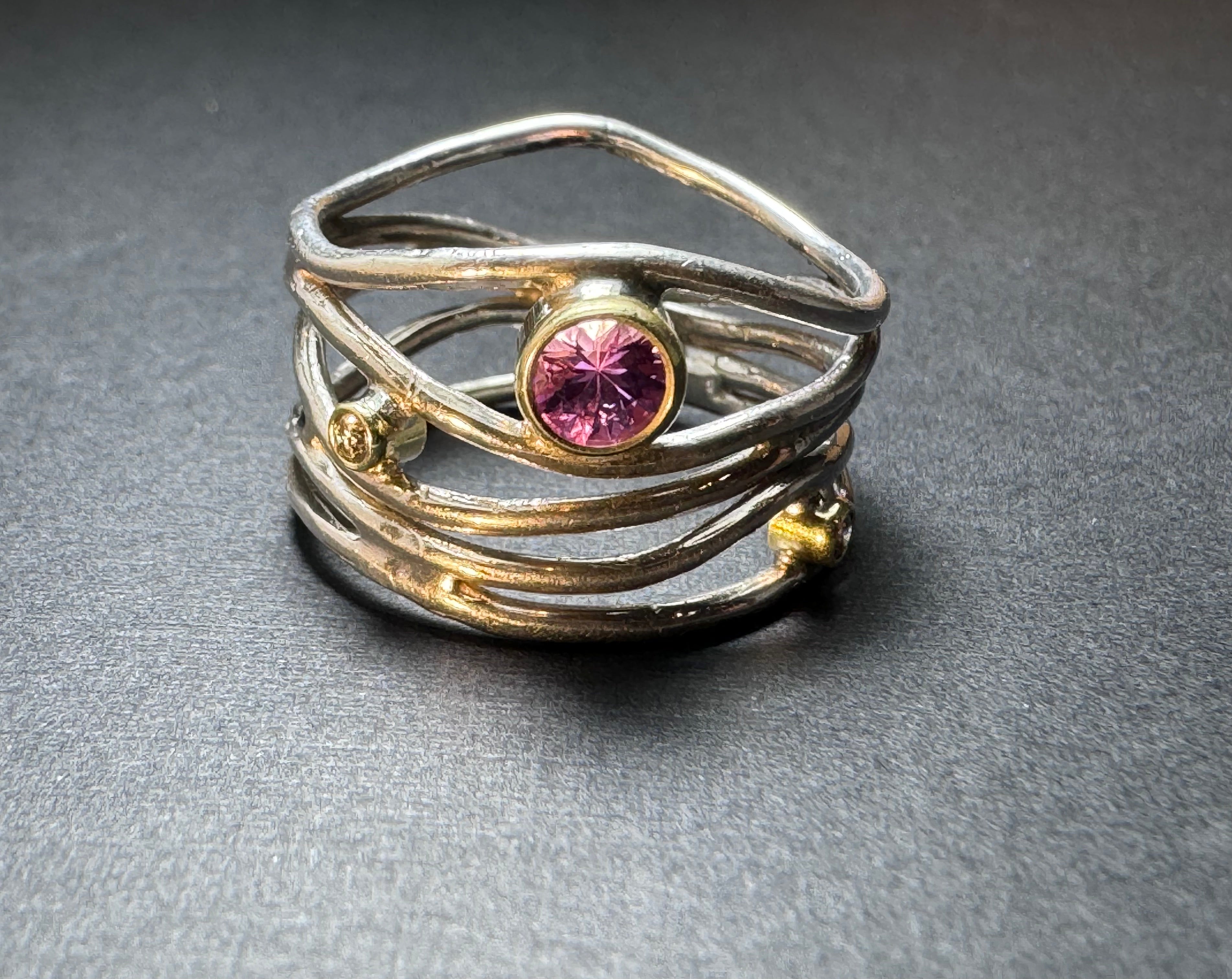 Pink Sapphire and Diamond Sterling Silver Wire Ring