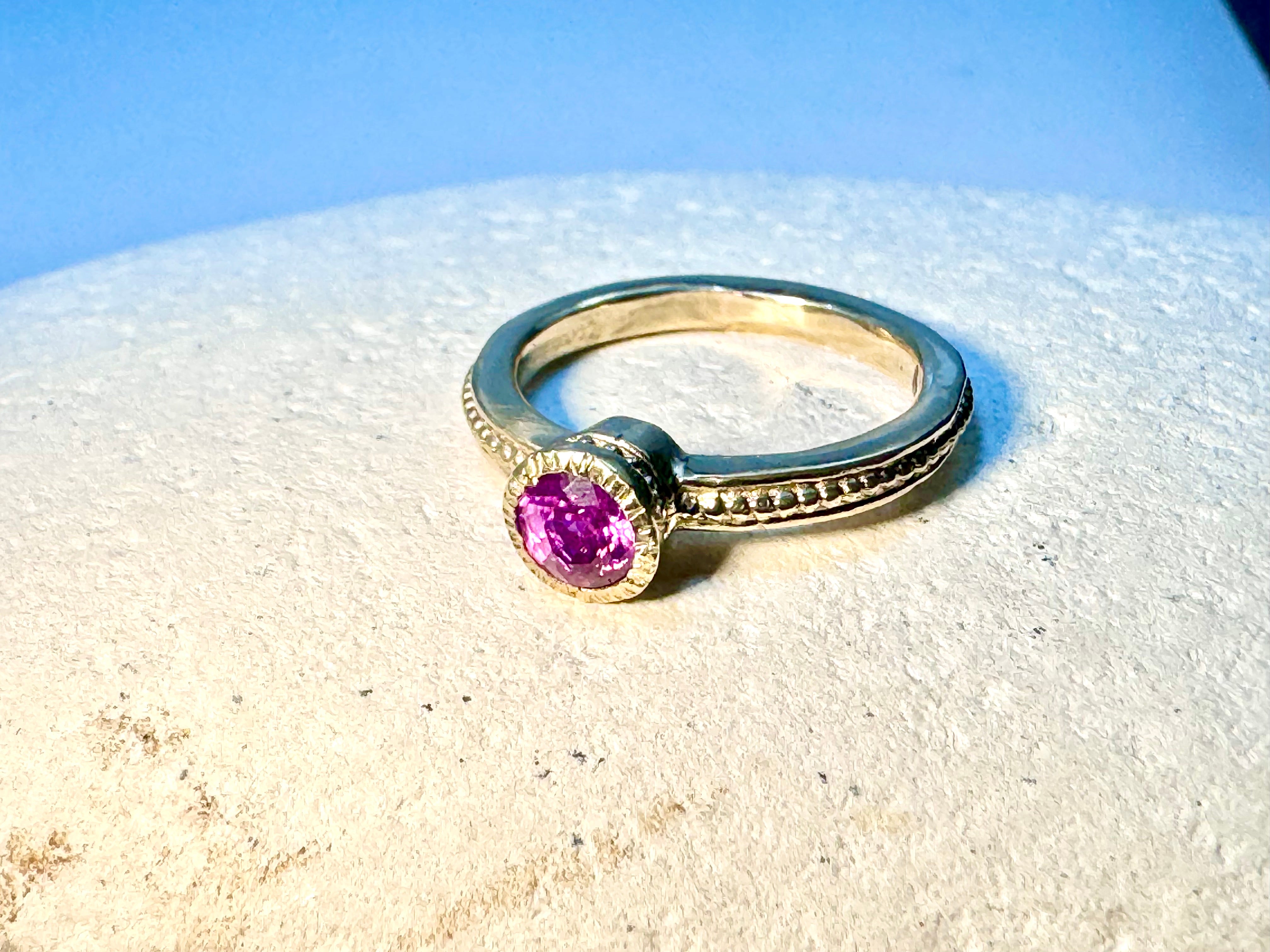Pink Sapphire Beaded Shank 14k Ring