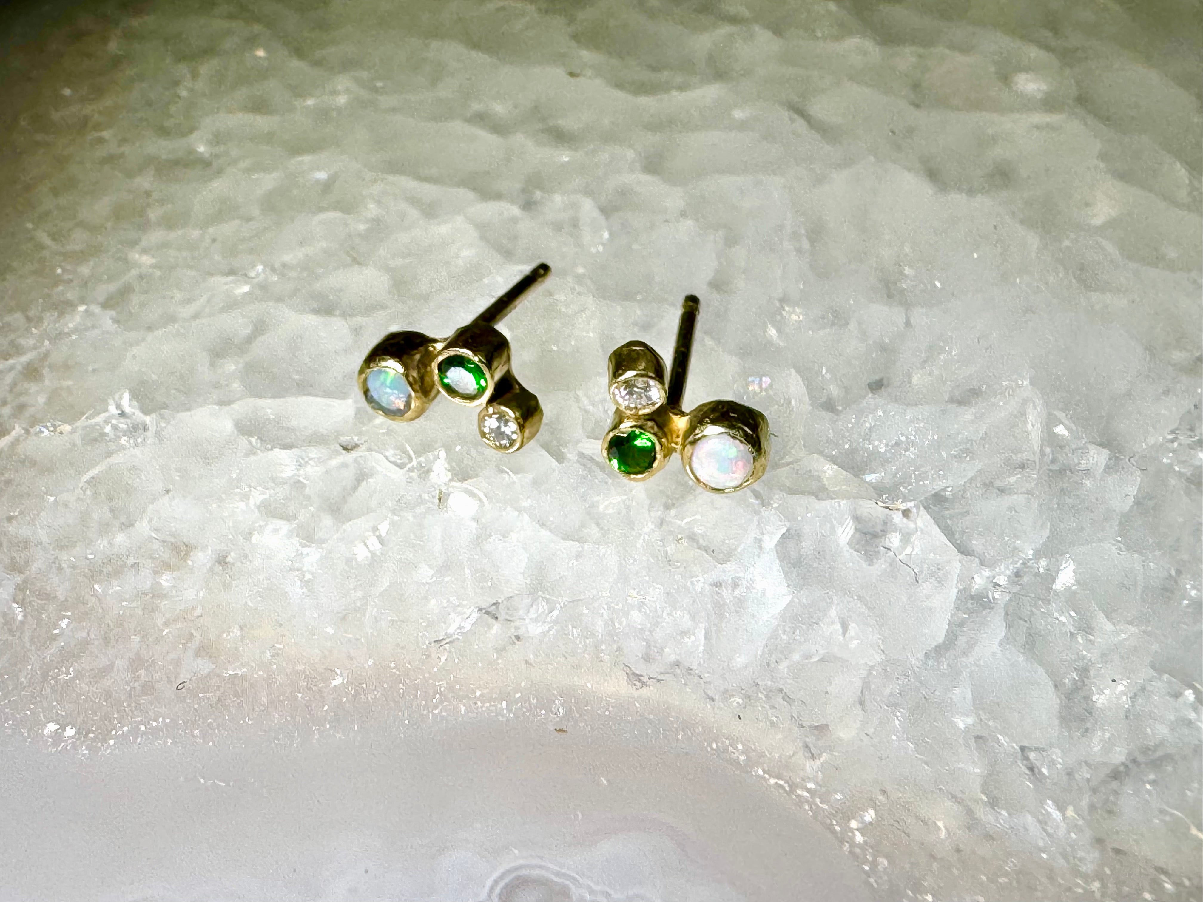 Opal Diamond and Tsavorite Garnet Studs