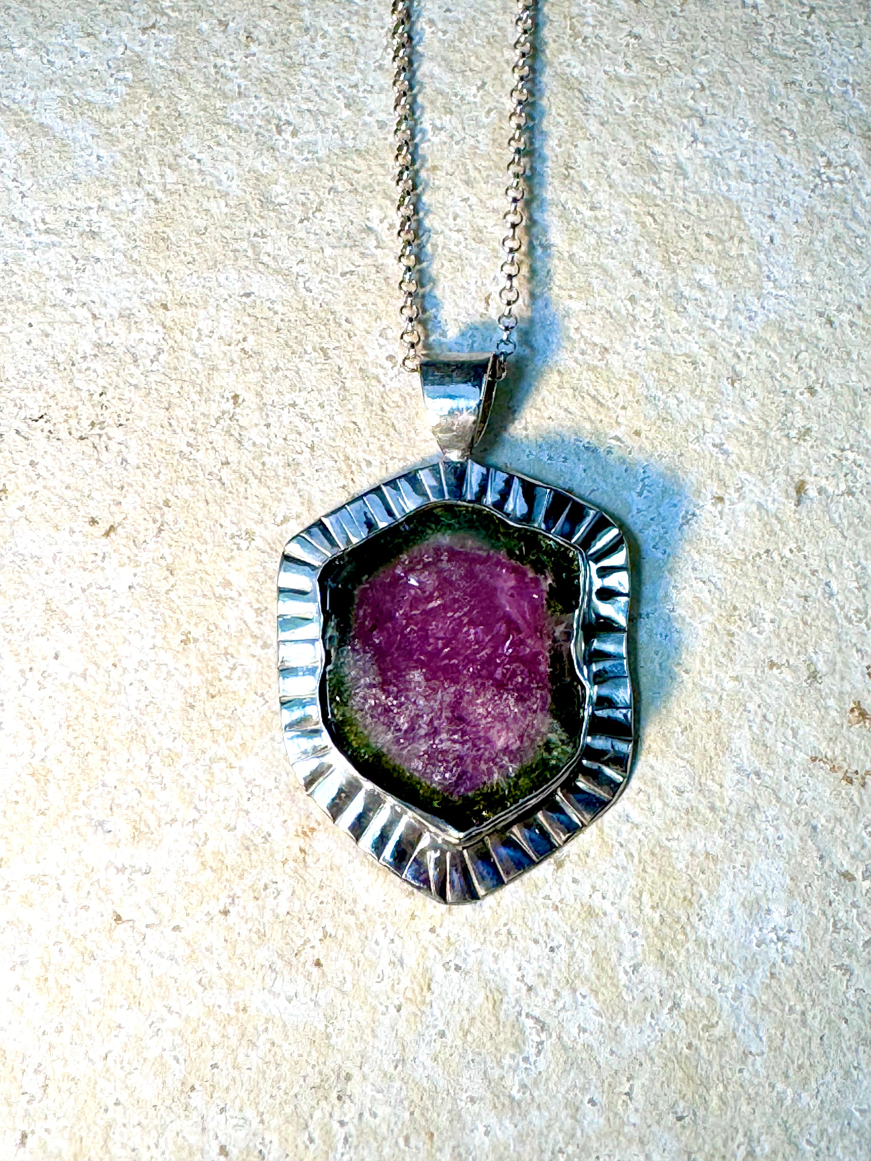 Watermelon Tourmaline Slash Sterling Pendant