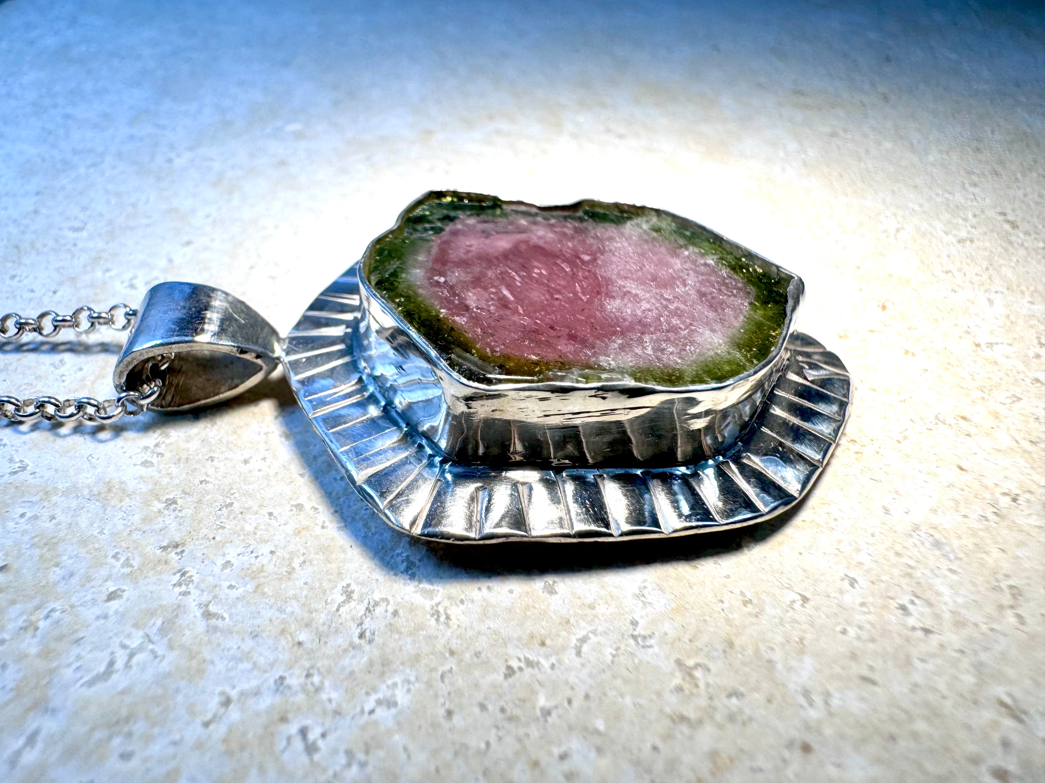Watermelon Tourmaline Slash Sterling Pendant