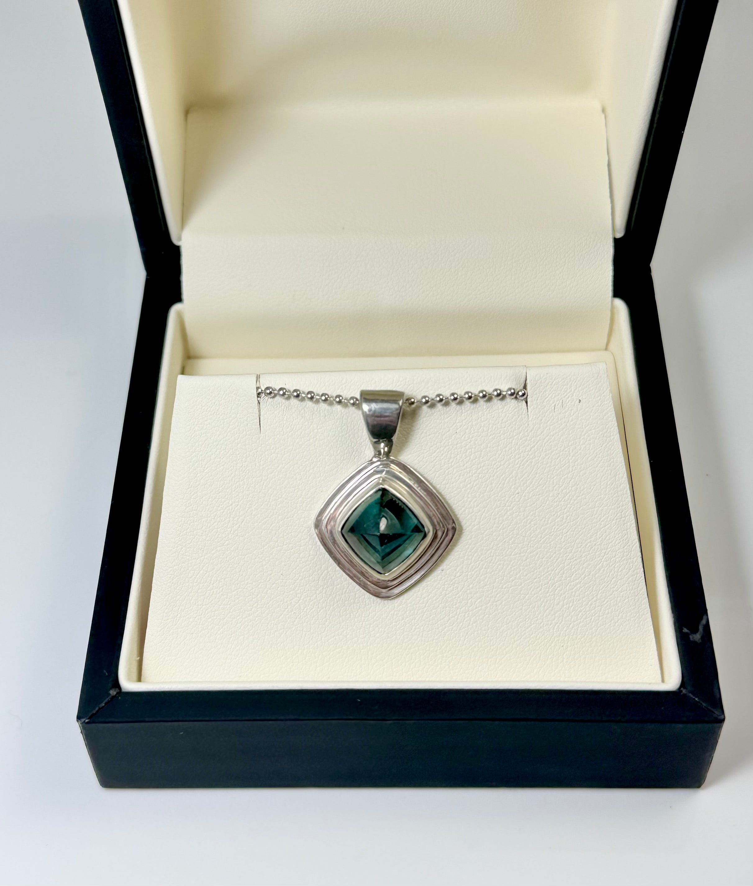 Blue Green Tourmaline Pyramid Sterling Pendant