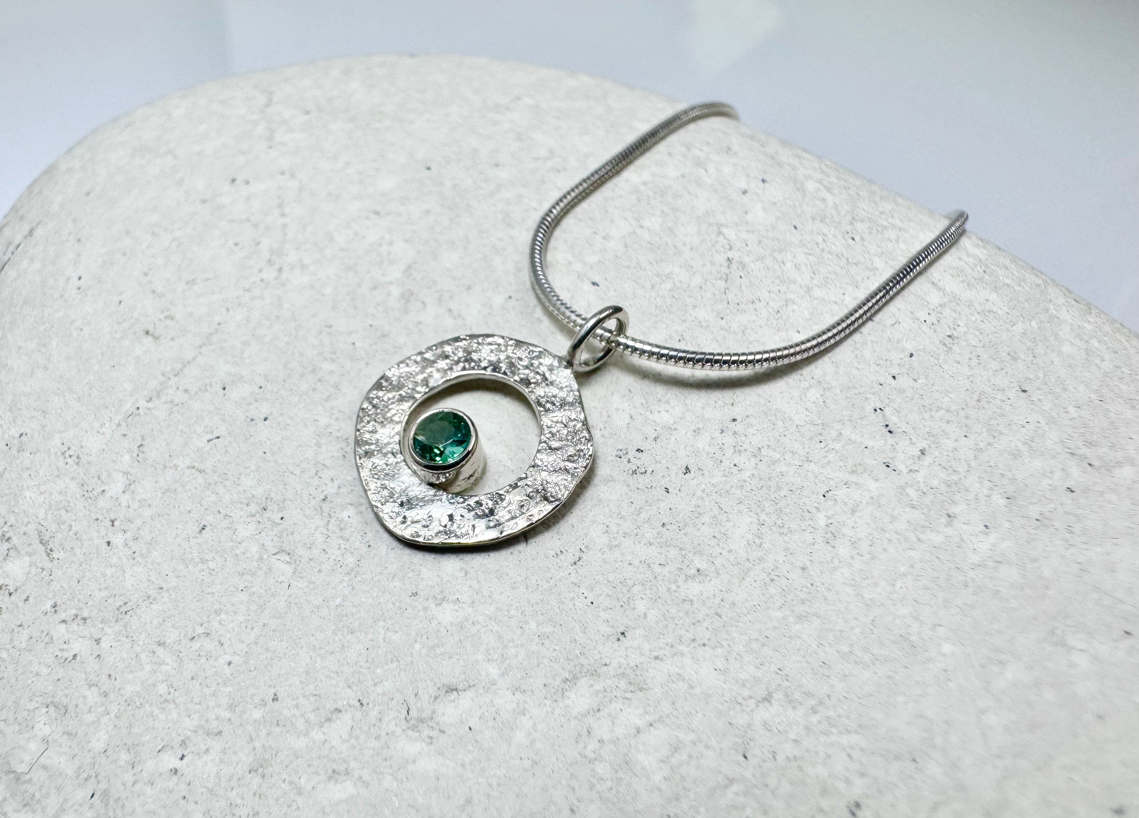 Green Tourmaline Open Disc Sterling Pendant