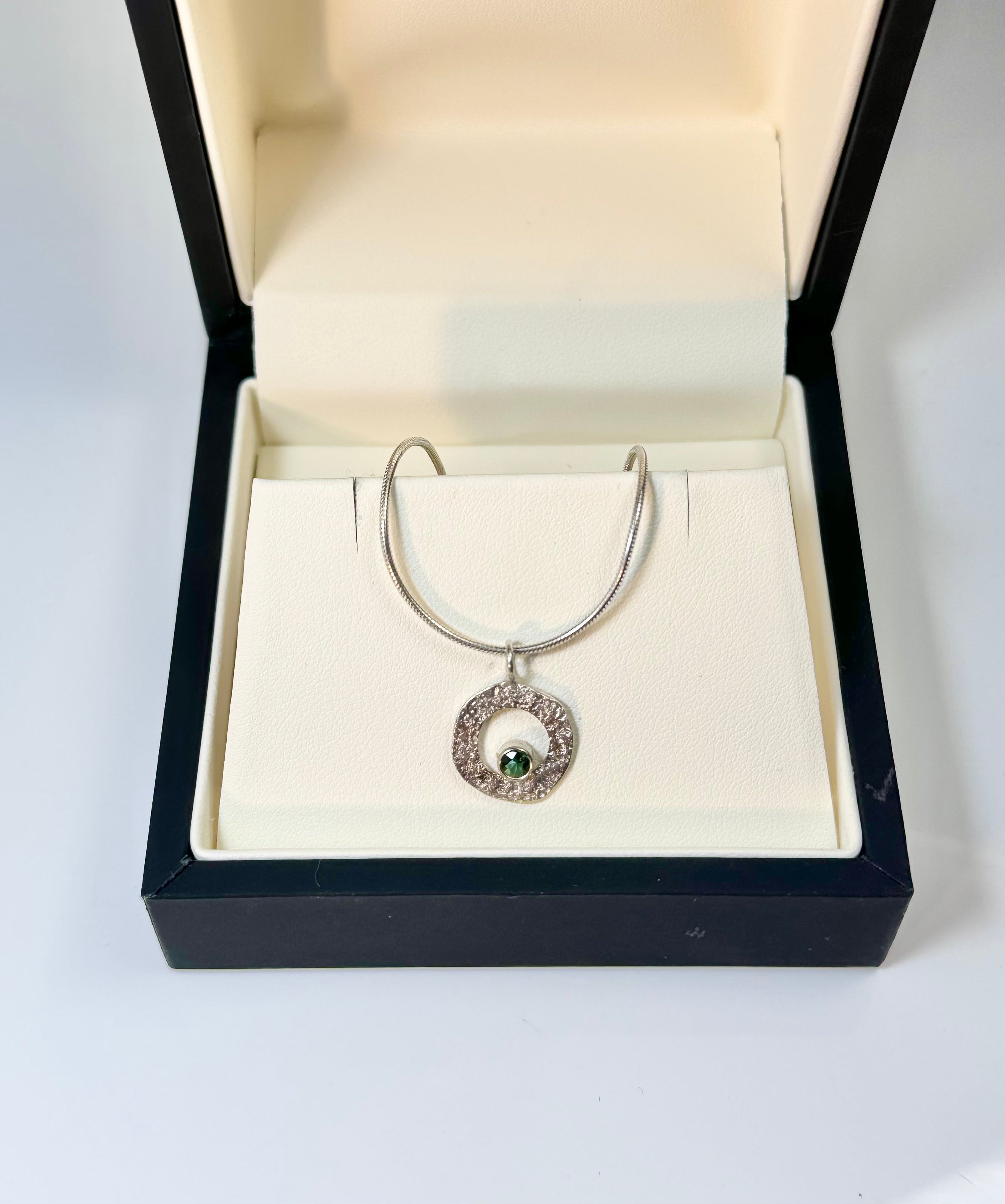 Green Tourmaline Open Disc Sterling Pendant