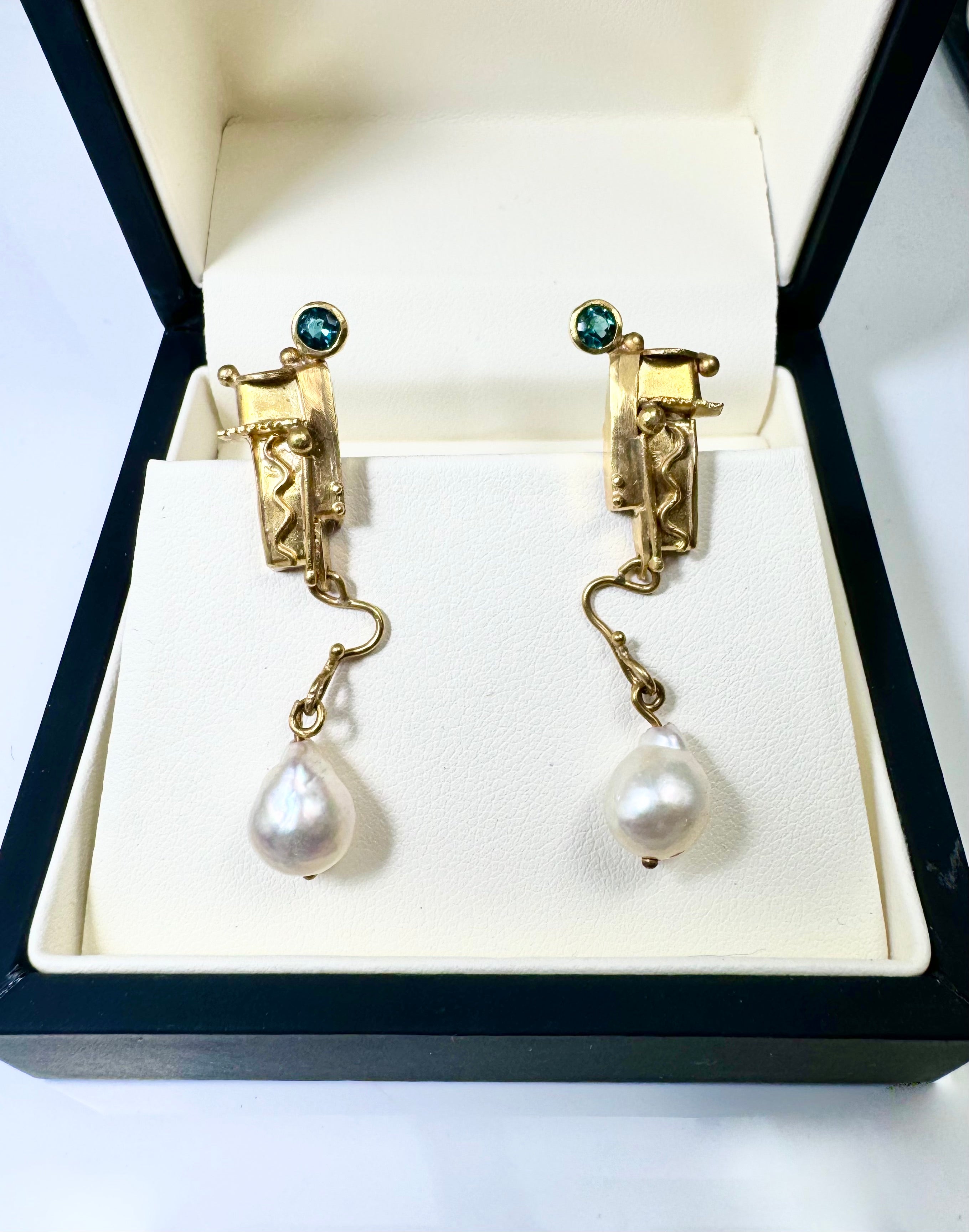 Indicolite Tourmaline Baroque Pearl 22k Earrings