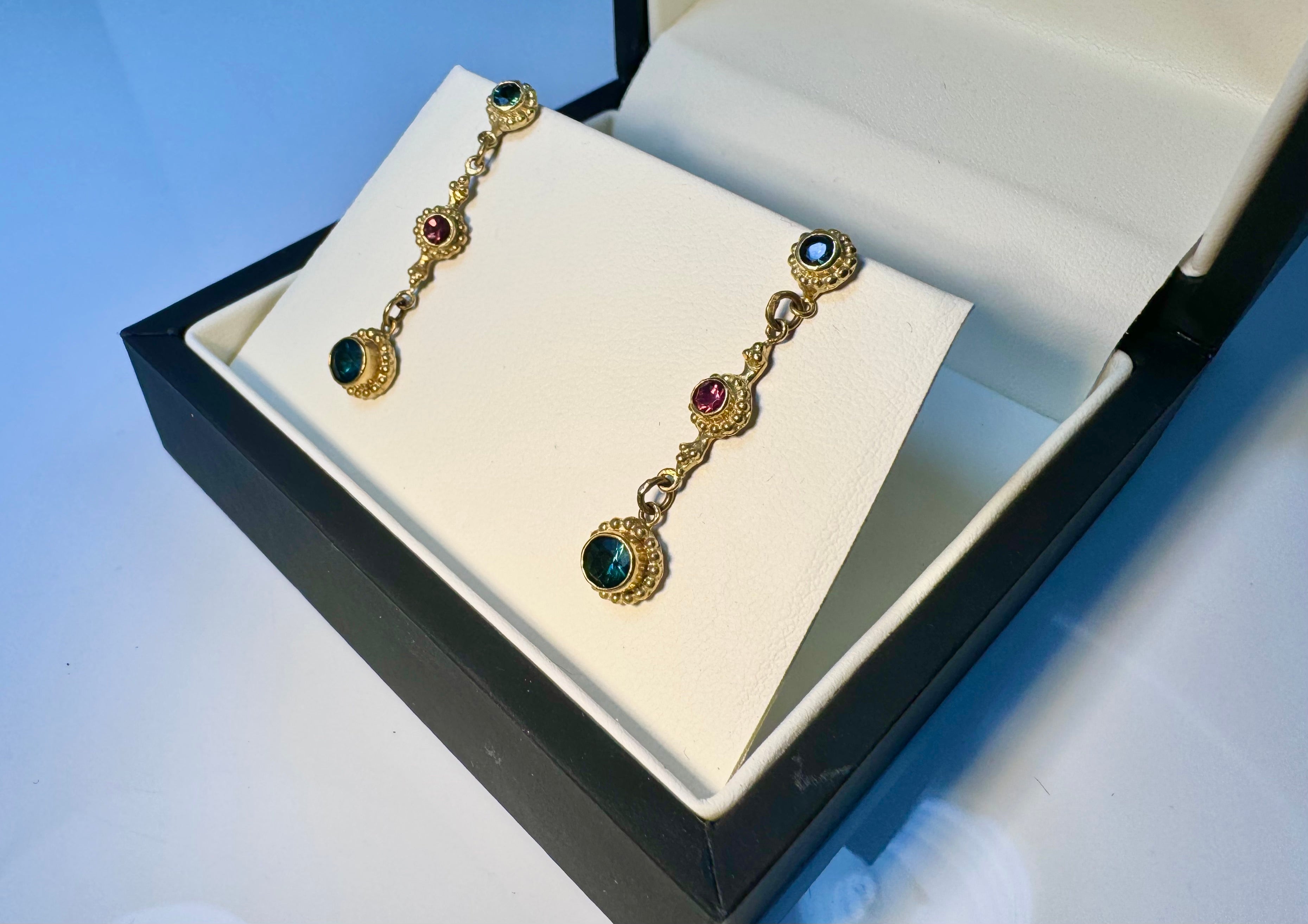 Indicolite & Pink Tourmaline 18k Drop Earrings