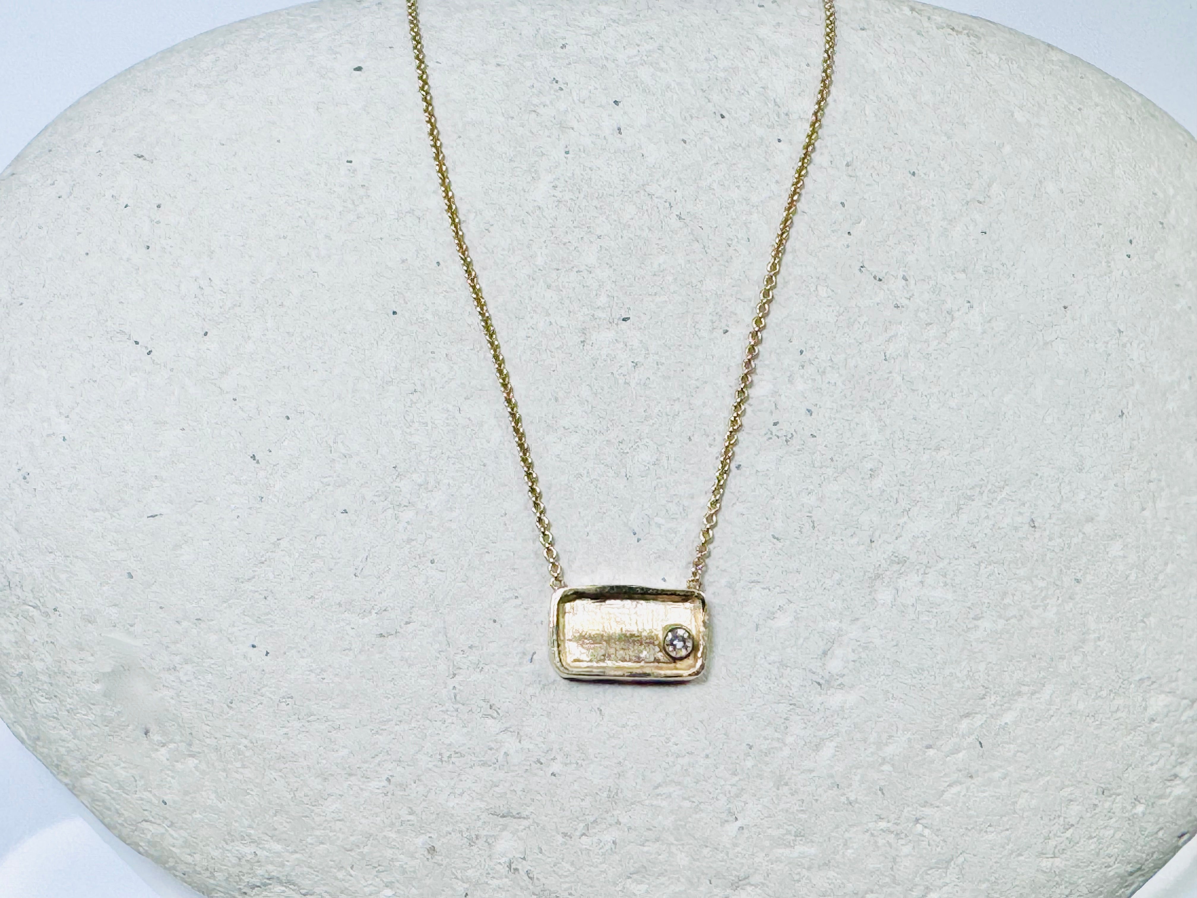 Diamond Raised Edge Rectangle 14k Necklace