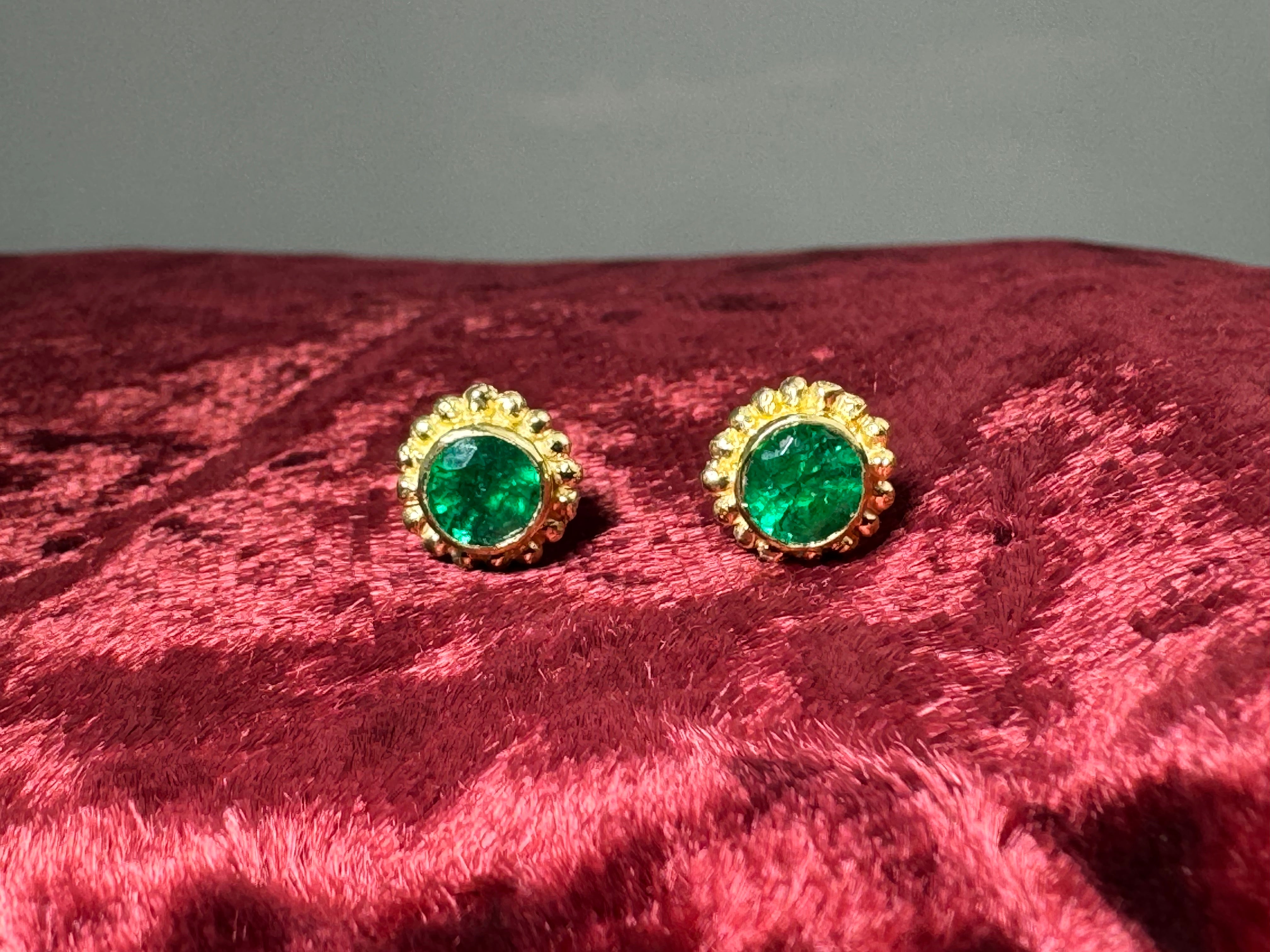 Emerald Beaded Bezel 18k Studs
